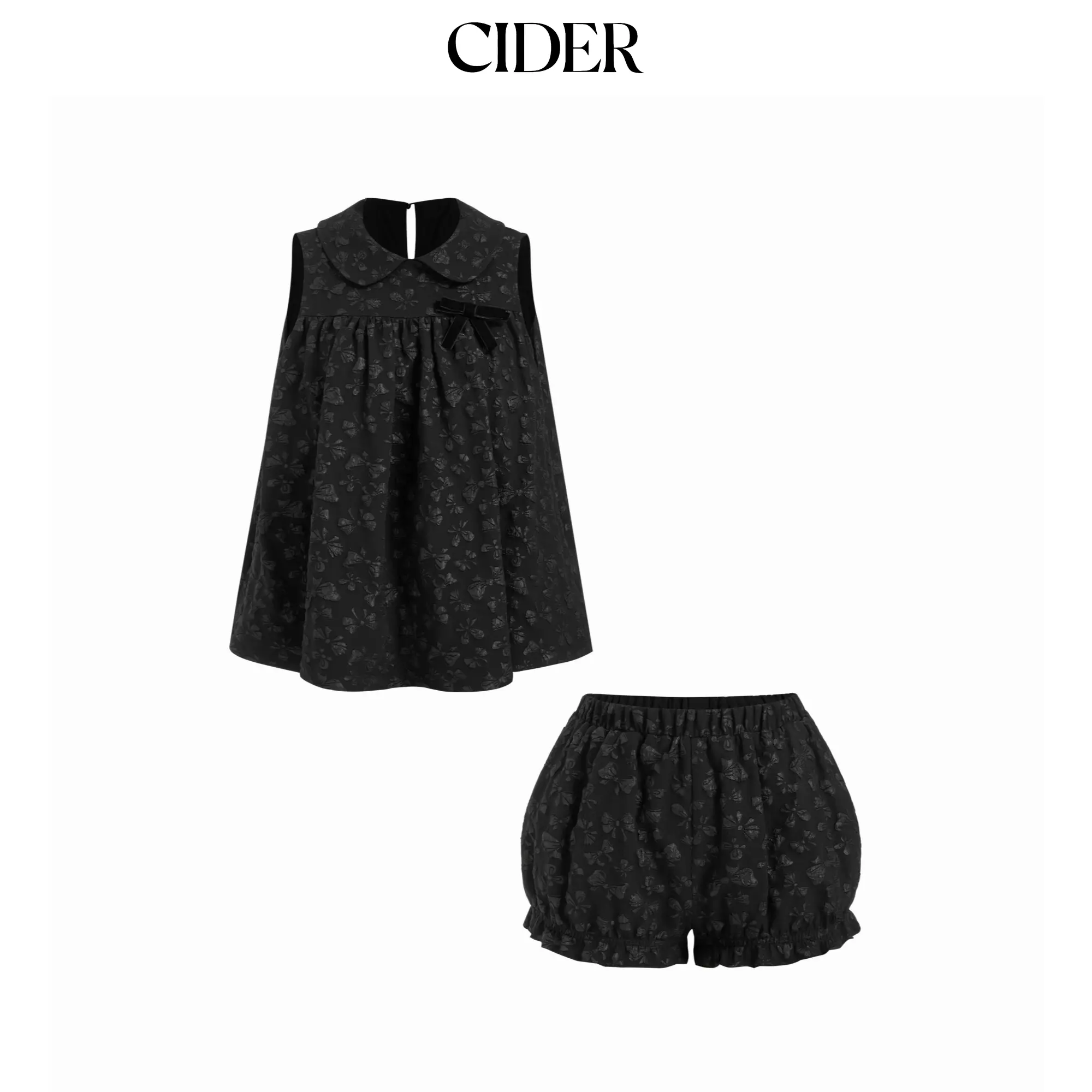 Cider Textured Bowknot Peter Pan Collar Top & Mid Rise Bloomers Set SohoChic