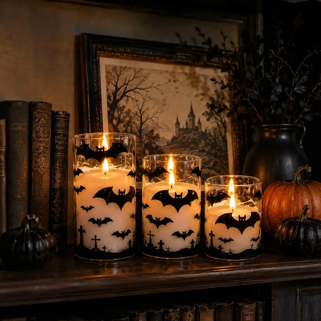 3-Piece Halloween Bat Glass Candle Set, Black Graveyard Silhouette Decorative Candles, Warm Indoor Tabletop Decor for Mantel, Shelf, Living Room & Halloween Party