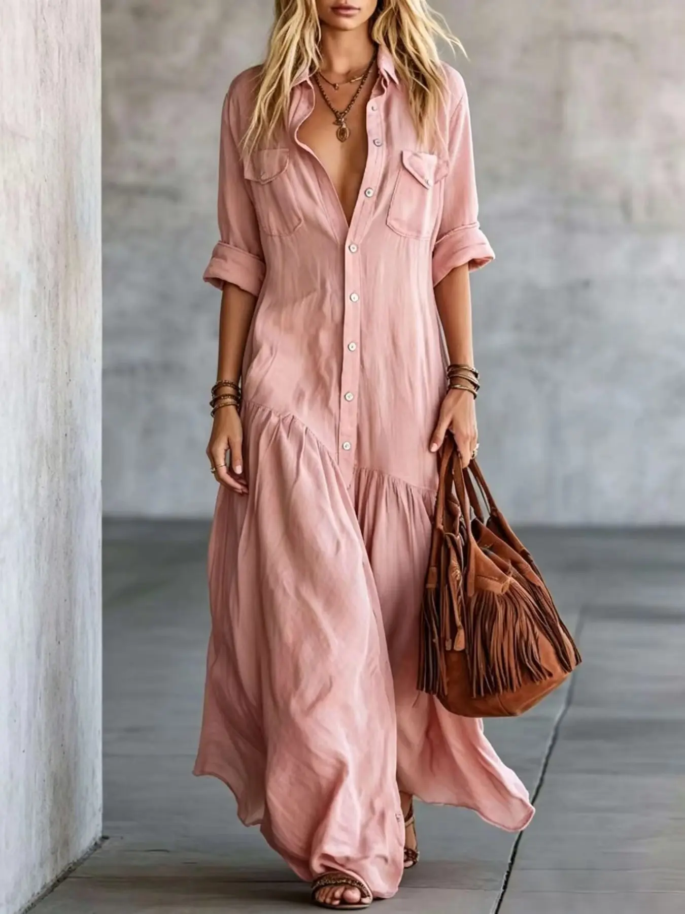 Boho Style V-Neck Long Dress, Loose Fit Midi Dress with Pockets, Elegant Pleated Design, Perfect for Vacation, Women's Fashion