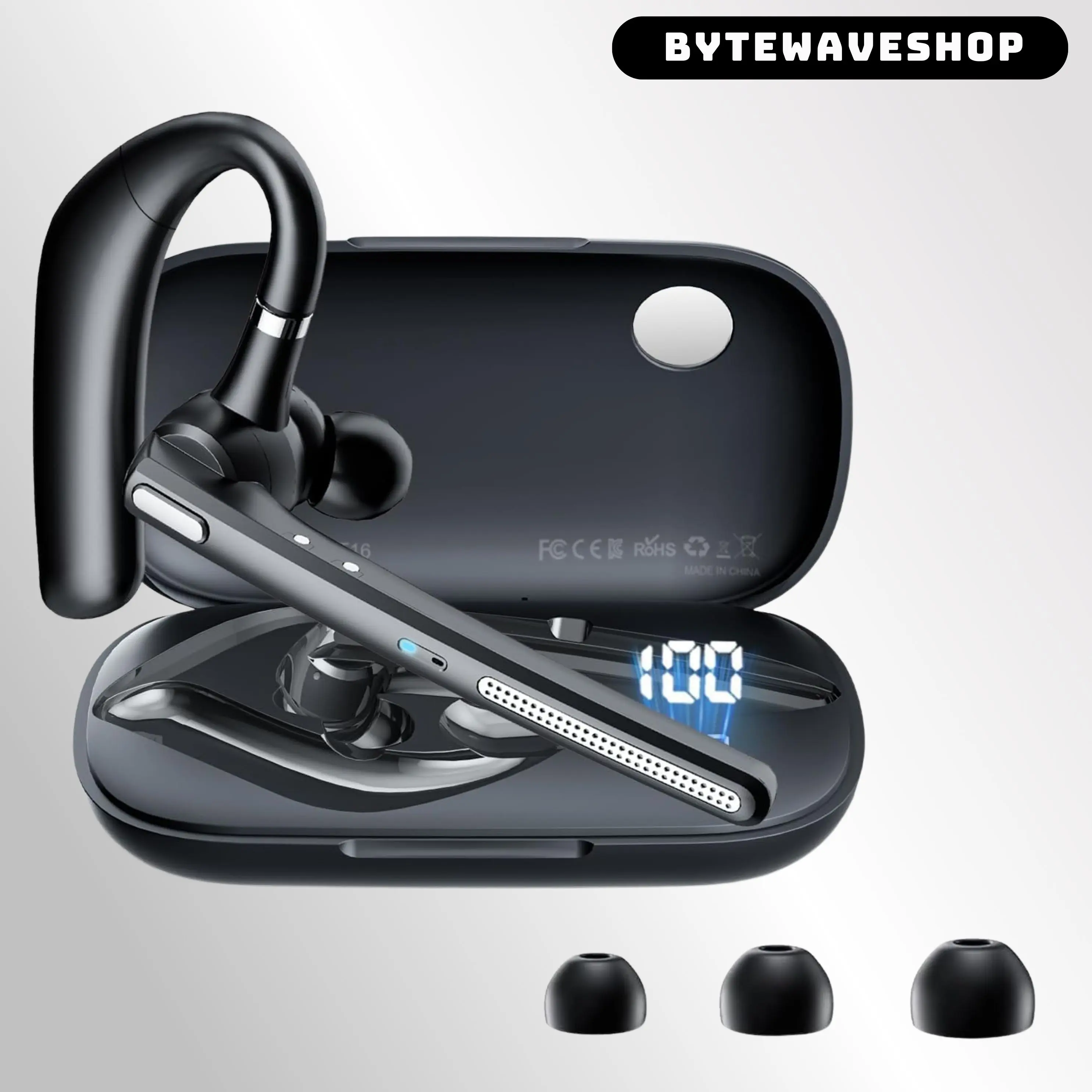 Bytewaveshop Bluetooth Noise Cancellation On-Ear Headphone with Mic, Bluetooth v 6.0 500mAh Charging Case, 72H Talk Time, Mute Button, Hands-Free Earpiece, Waterproof Audio Electronic, Manufacturer Warranty for Truckers, Cellphones,