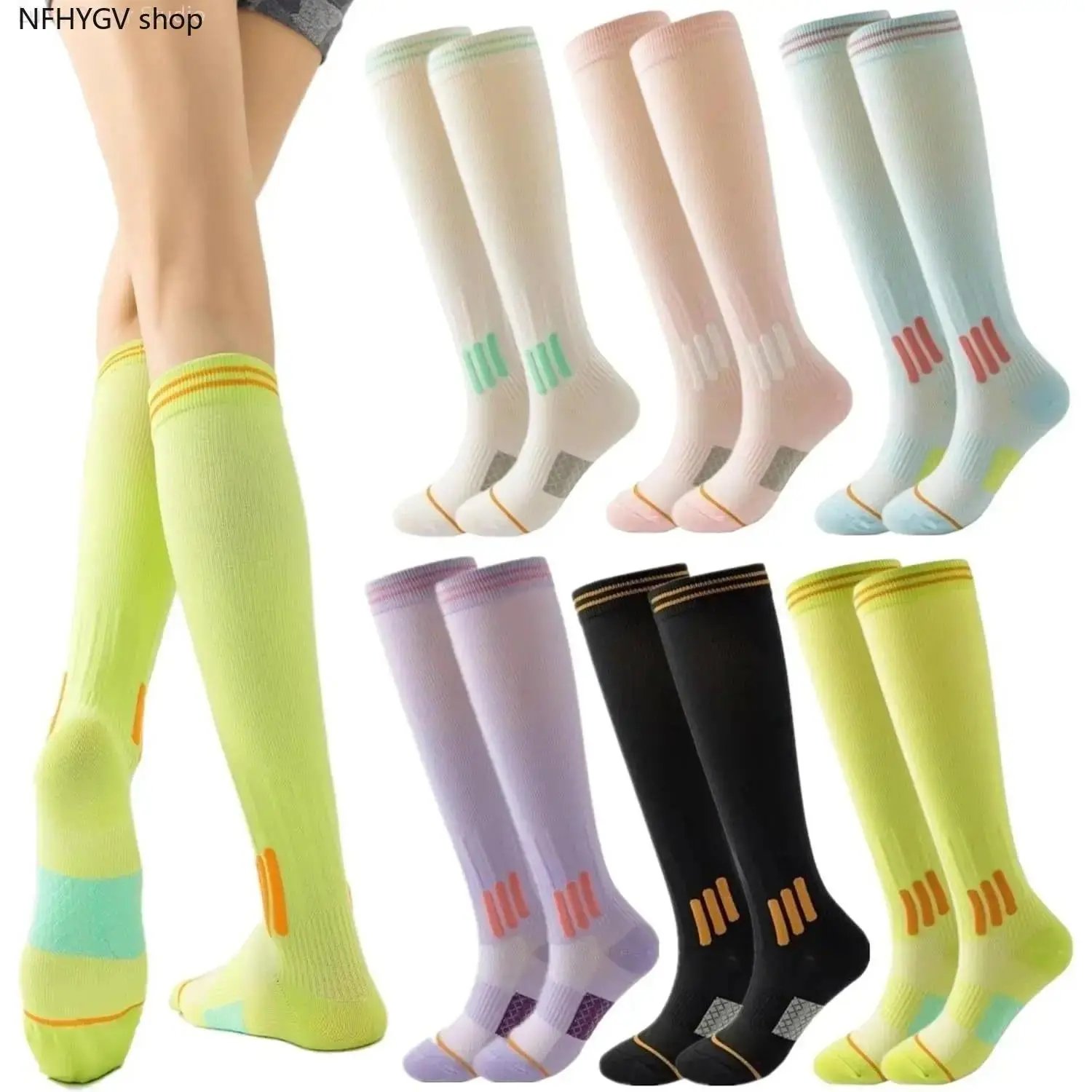 Women's Knee-High Compression Sports Socks, 6-Pack Elastic Support Leg Wearable Accessory For Female Road Running Long Distance Travel Outdoor Sports Training Daily Casual Activity Styling Us