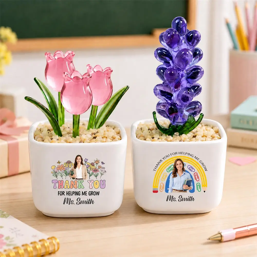 Personalized Teacher Planter Pot Custom Photo Name Text Thank You Teacher Flower Pot Decoration Floral Plant Design For Classroom Desk School Office Shelf Window Sill Home Decor Back To School Teacher Appreciation Gift For Teachers Educators School Staff