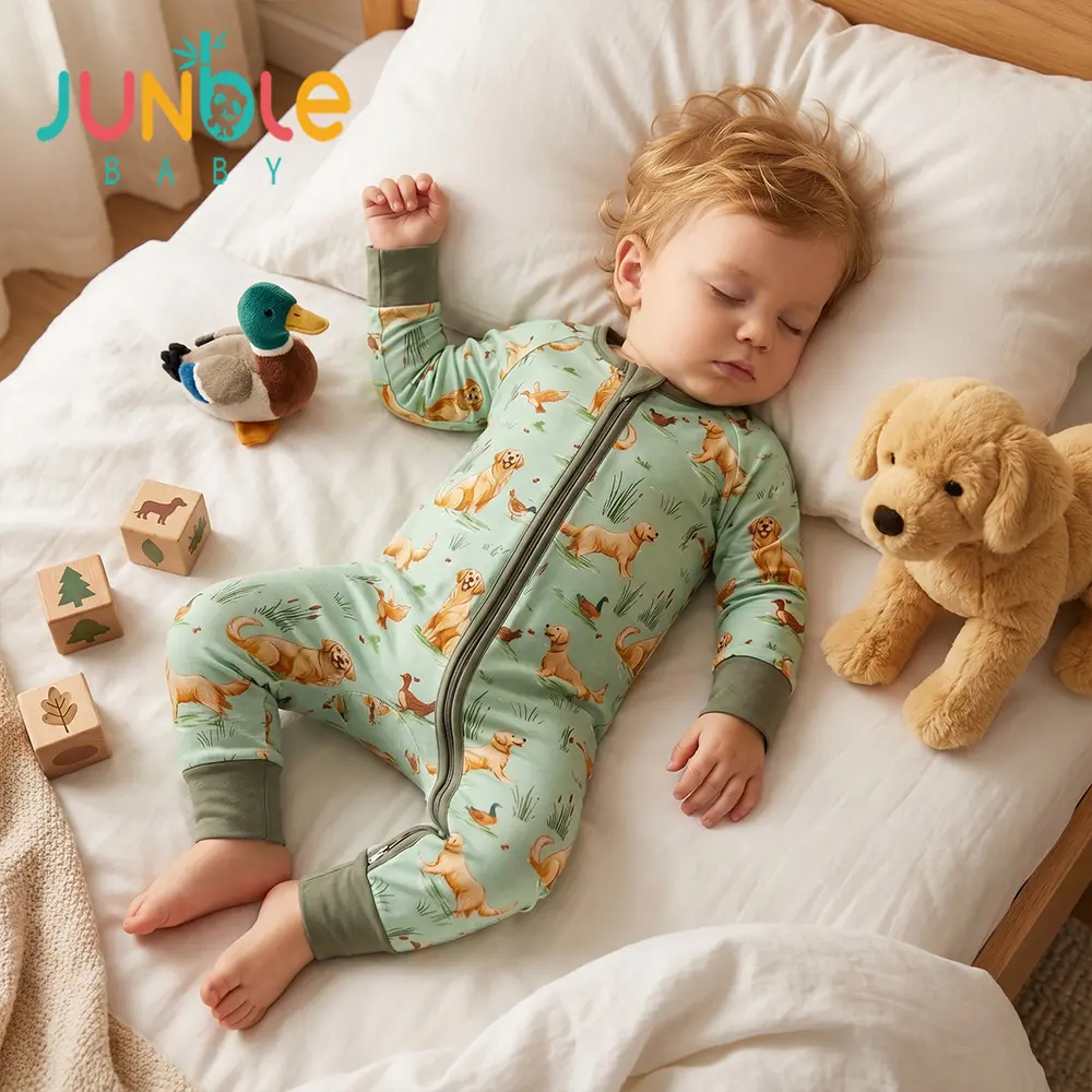 Junblebaby Natural Bamboo Fiber Baby Onesie,baby bamboo zipper romper,  print   Zipper    cute baby boy's romper,Golden retriever and little duckling, spring aloe vera Printed, with 2-Way Zipper, mitten   cuff  foot ，Breathable for Newborn baby pajama