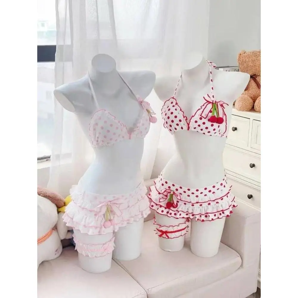Ladies Cute Printed Ruffle Two Piece Bikini Set Japanese Y2K Lolita Style Soft Seaside Daily Bathing