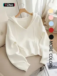 Women's V-Neck Drawstring Hoodie, Loose Fit Soft Knit Pullover, Casual Unique Design Long Sleeve Sweatshirt for Early Autumn