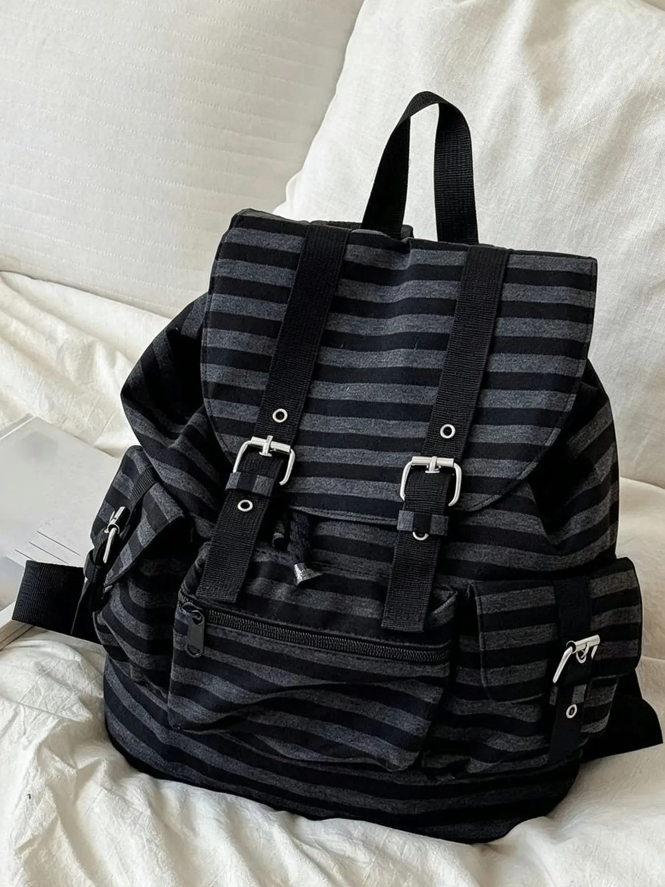 Trendy Black-Grey Stripe Flap-Cover Backpack, Multi-Compartment Drawstring Buckle School Rucksack, Back-to-School Essential for College Students, Daily Commute Travel Backpack, Perfect Gift for Black Friday, Halloween, Christmas