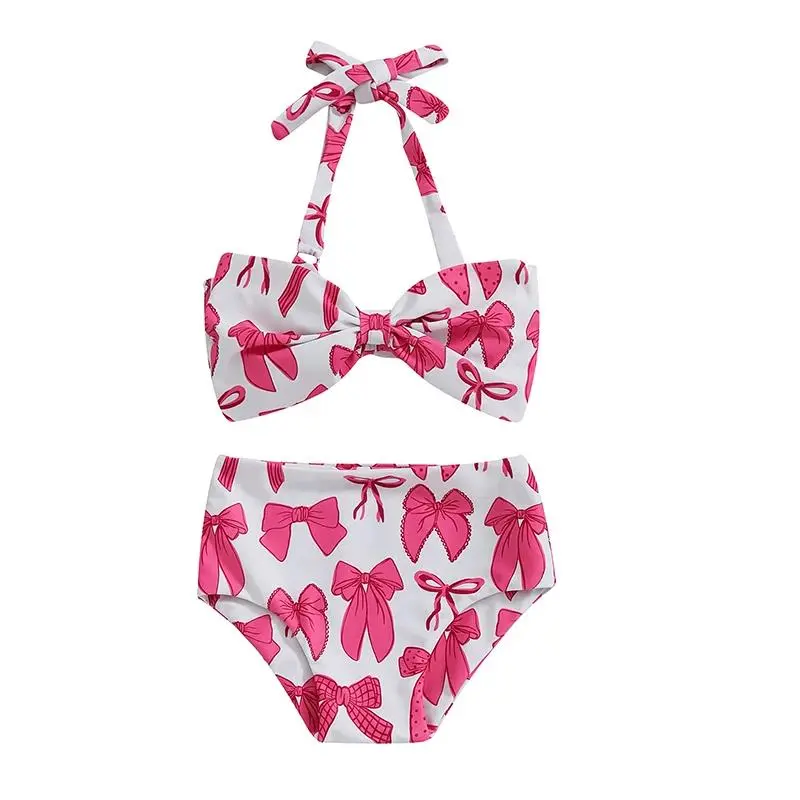 Kids Girl 2 Piece Swimsuits Summer Bow Print Halter Neck Bikini Tops and Elastic Shorts Set Bikini Bathing Suits