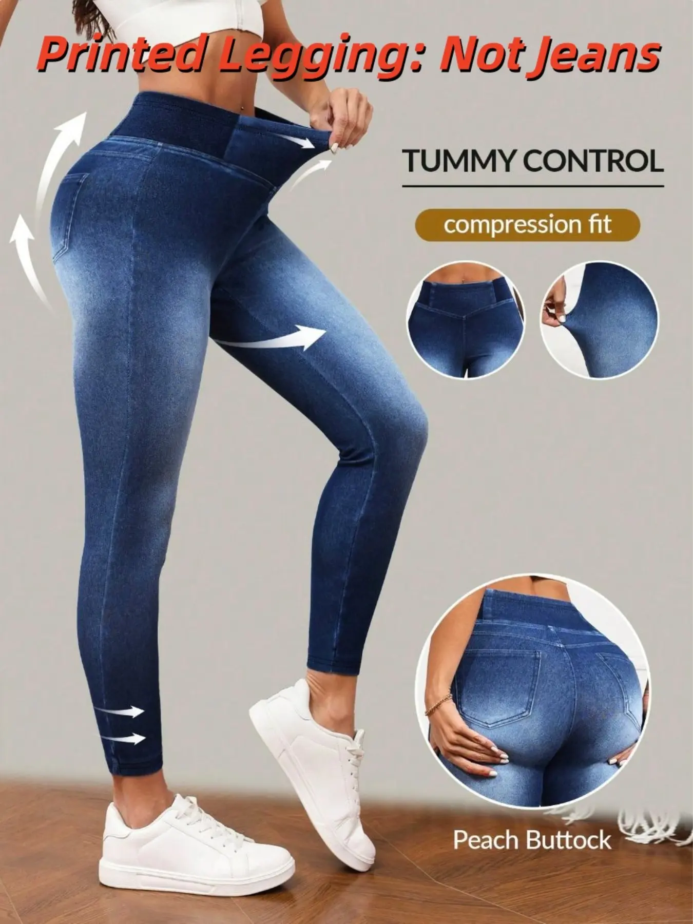 Women's Fashion Printed Leggings, Bottoms, Elastic Fake Jeans Print, All-Season Comfort, Versatile Style for Casual and Formal Wear, Fit, Aesthetics