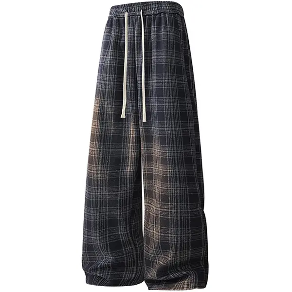 Men's Preppy Plaid Pants - Japanese-Style Retro Streetwear, Mid-Waist Ankle-Length Drapey Wide-Leg, Brushed Polyester Blend Menswear Bottoms