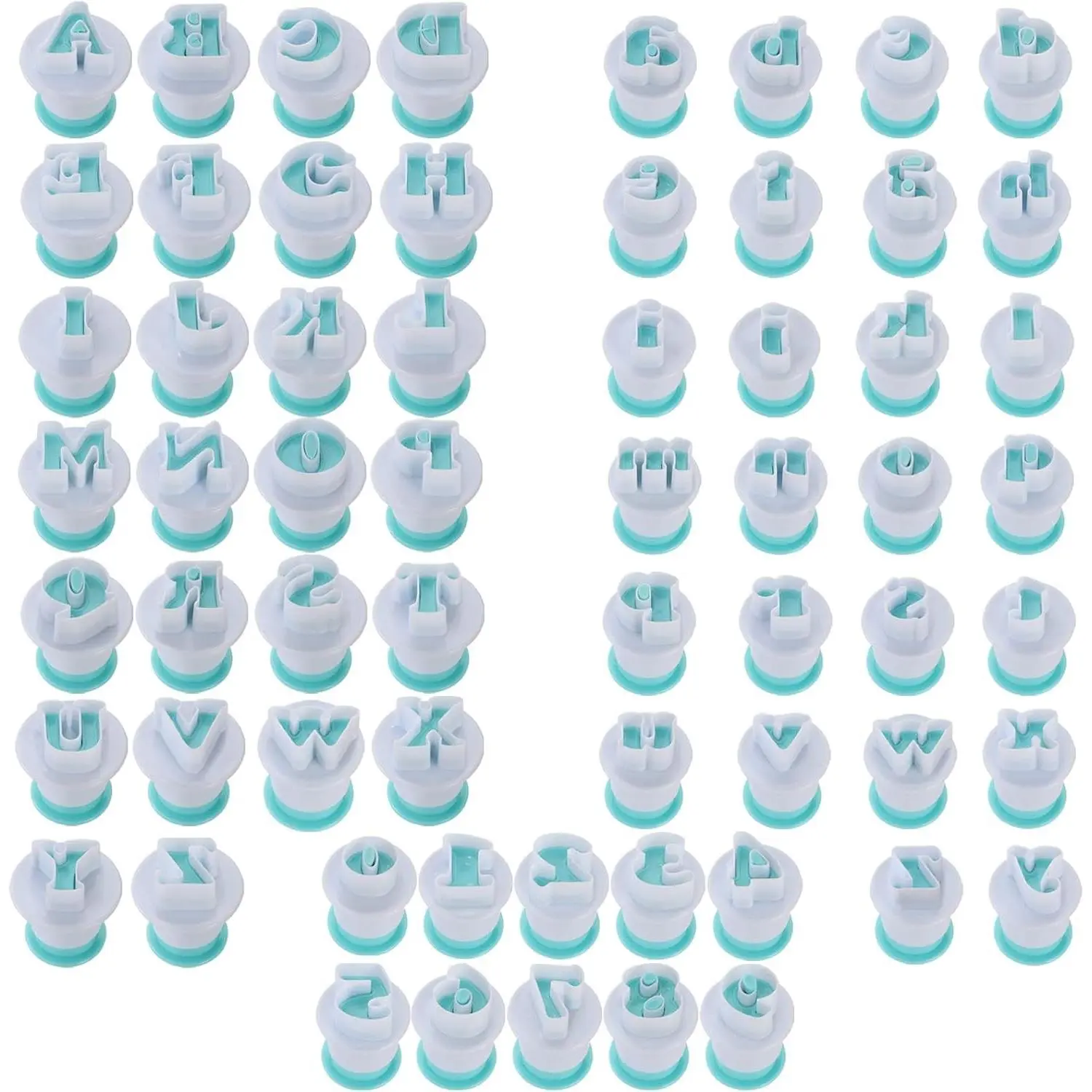 62-Piece Bakeware Fondant Alphabet & Number Cutter Set with Handles - Uppercase, Lowercase, Alphabet Shapes, Plunger Embosser Stamps for Cake Decorating, Biscuits, DIY Sugar Cookies, Fondant Mold