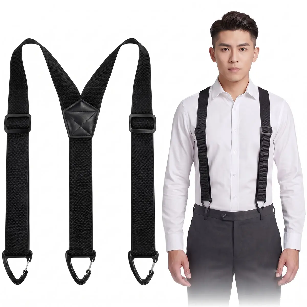 Men's Black Hidden Under-Clothing Suspenders, Heavy-Duty Adjustable Elastic Braces with 3 Snap Loops for Jeans & Shirts