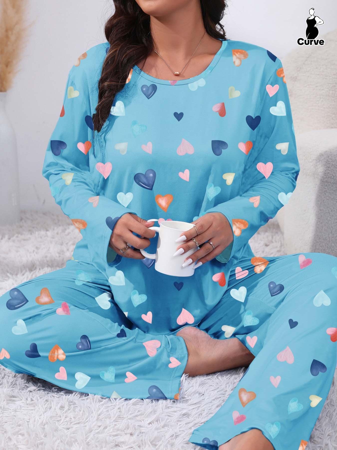 Plus Size Two-Piece Matching Heart Print Knit Pajama Set, Casual Fitted Long Sleeve Round Neck Tee & Pants, Women's Plus Sleepwear, Loungewear & Homewear for Spring & Fall, Pyjamas, Pjs, Pajamas Sets