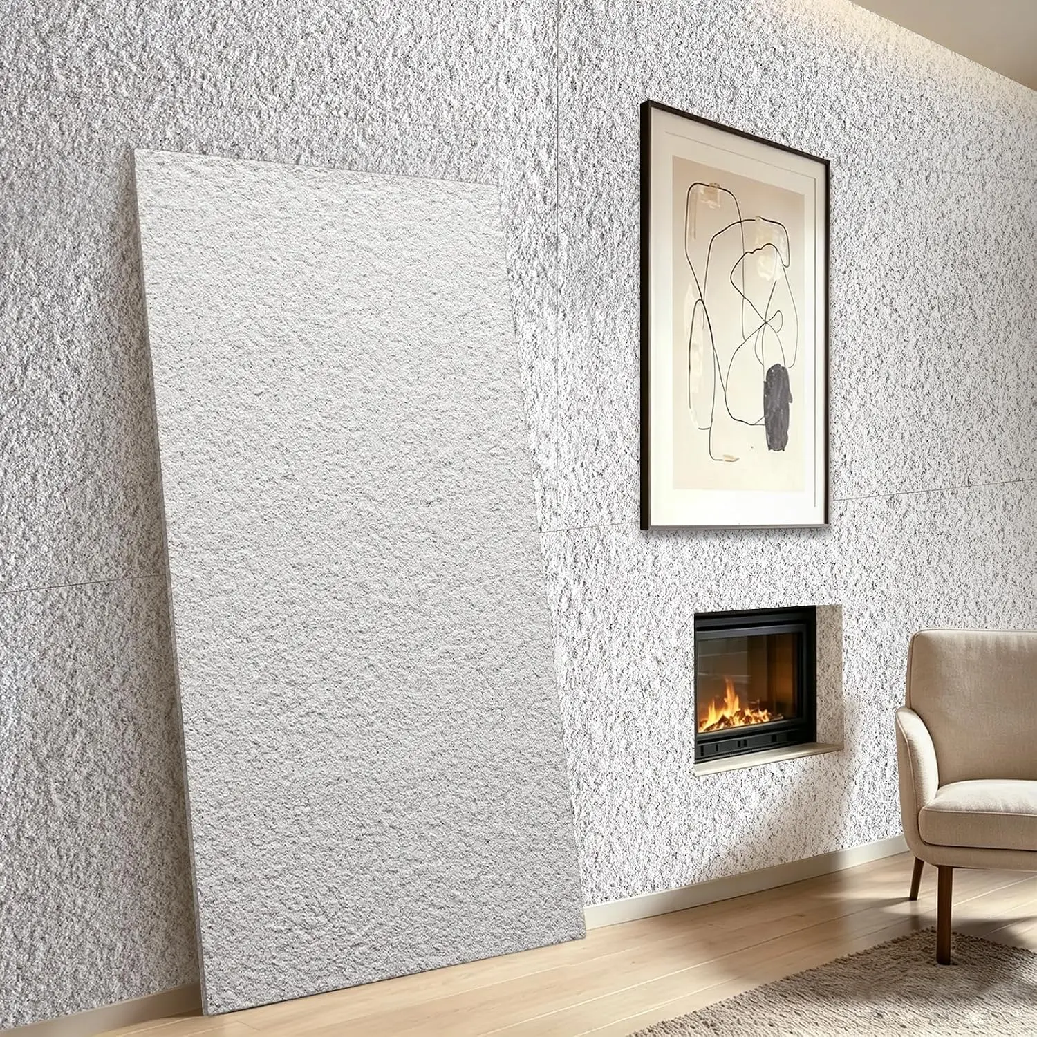 24"x48"x0.16" Clay-Based Faux Stone Wall Panels, Raised Textured 4-Piece White Granite Residential Box Set for Indoor, Outdoor Accent Walls