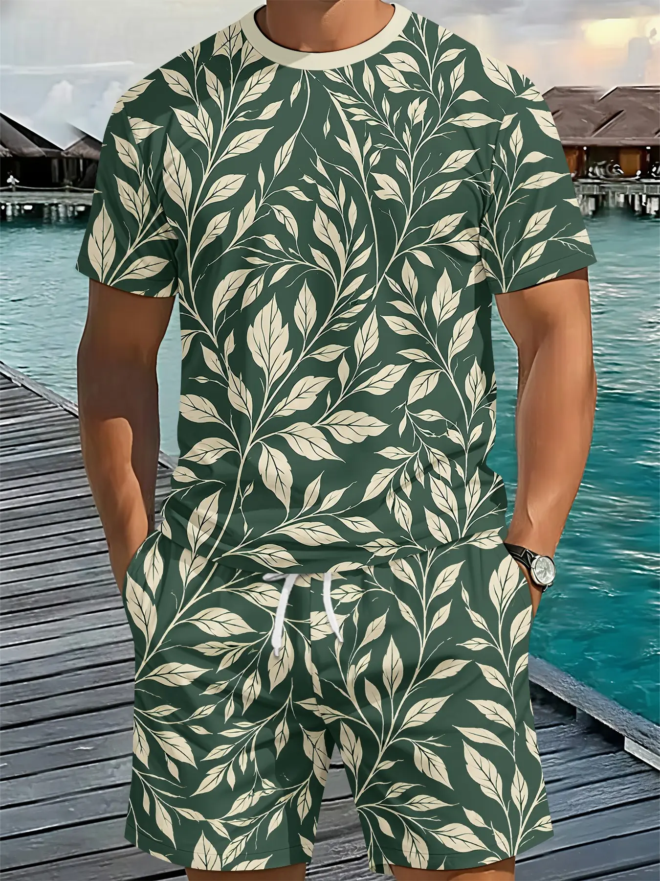 Men's two-piece set of short-sleeve top and shorts. Featuring an all-over retro botanical print with off-white branches, leaves and vines against a dark green background, this forest-style vintage men’s outfit adopts 3D digital printing. It is comfortable
