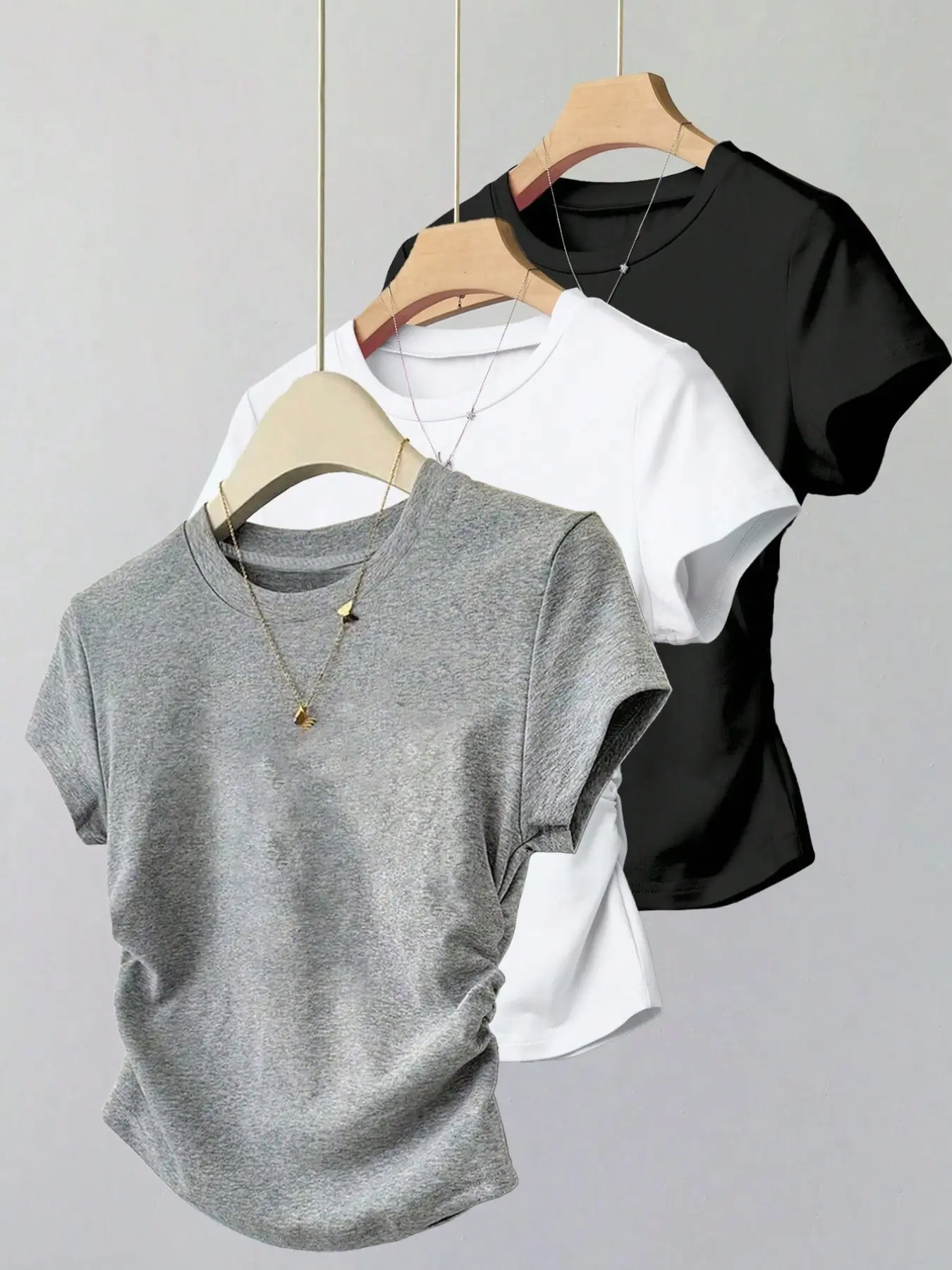 3 Pcs, Women's Casual Summer Short Sleeve T-Shirt Set, Striped Design, Fitted, Unlined, All Seasons, Plain Surface, No Button