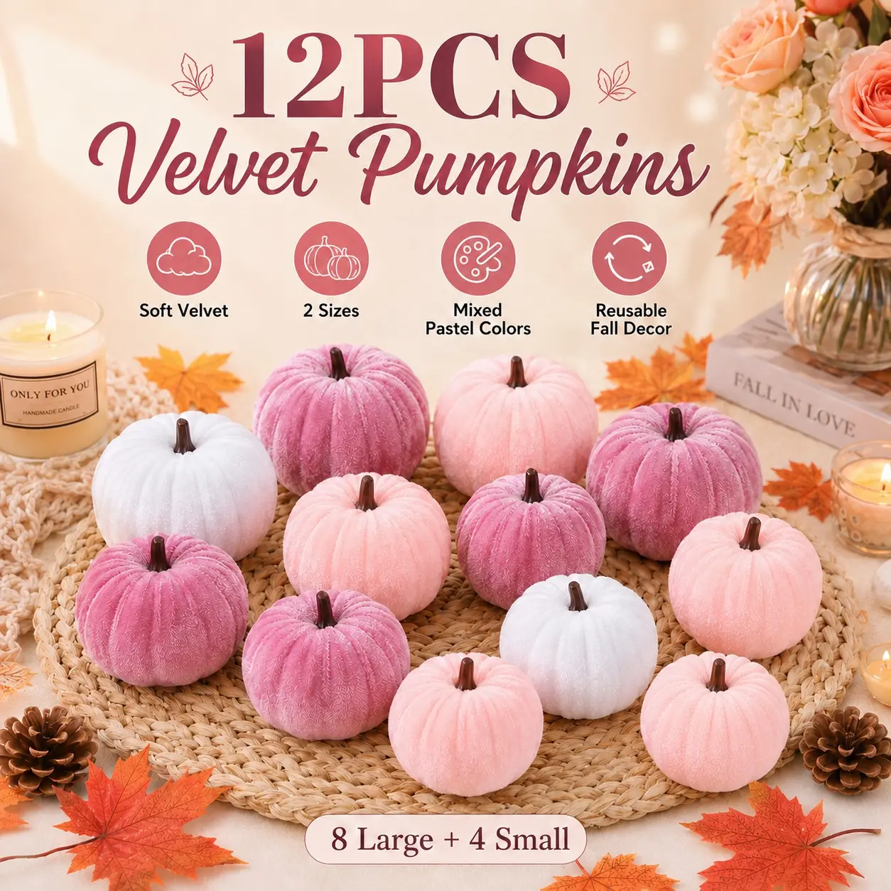 12pcs Autumn Pumpkin Decoration Set, Velvet Fake Pumpkins, High-End Home Decor, Table Centerpiece, Halloween, Thanksgiving, Harvest Festival