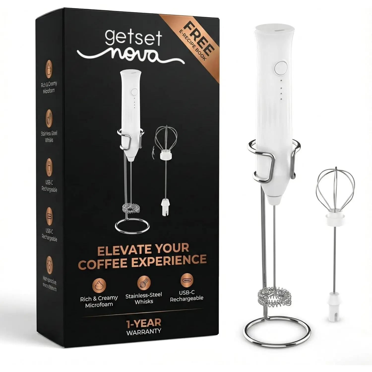 Rechargeable   Handheld Electric Coffee  with  Spring Whisk |  Maker for Latte, Cappuccino, Matcha & Hot  | 3 Speed Modes |USB  | Stand Included | Black