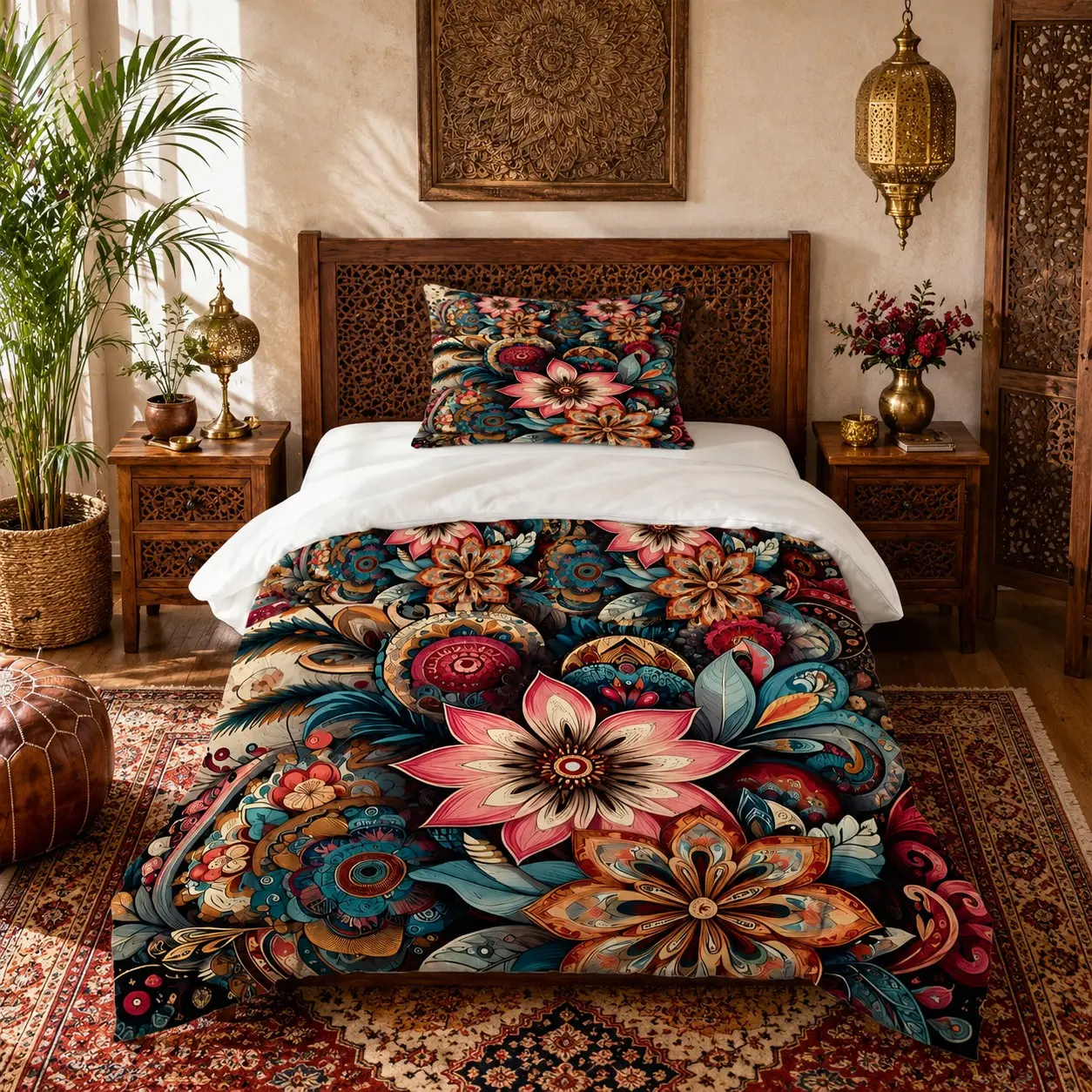 Bohemian Vintage Paisley Mandala Floral Duvet Cover Set, 2/3Pcs (1 Duvet Cover + 1/2 Pillowcases, No Inserts), Fits Twin, Full, Queen & King Beds, Bedding for Bedrooms, Guest Rooms, Apartments & Hotels, Exotic Style Gift