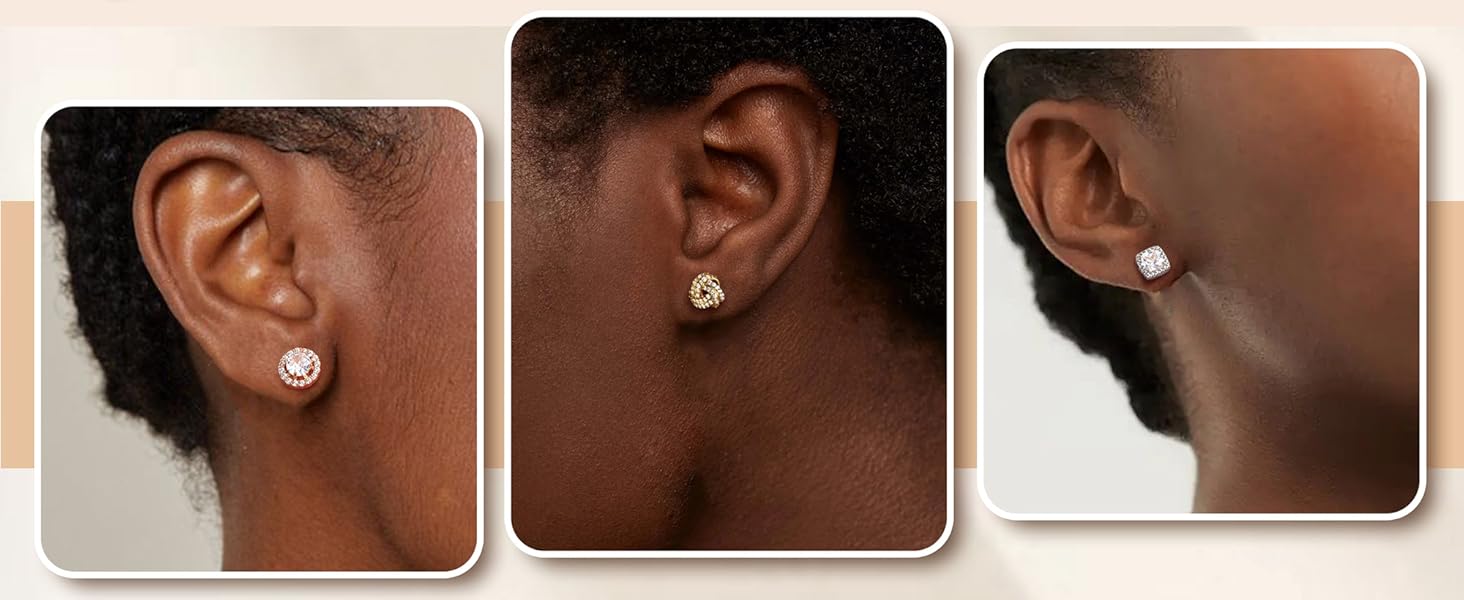 Trendy 4 Pairs Sterling Silver CZ Stud Earrings for Women 14K Gold Plated Brilliant Celtic Heart Big Stud Earrings Set Cubic Zirconia Earrings Studs for Sensitive Ear