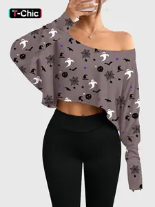 Women's Long Sleeve Halloween Print Asymmetrical Shoulder Top, Casual Loose-Fit Knit Shirt for All Seasons, Stylish Ladies' Fashion Wear