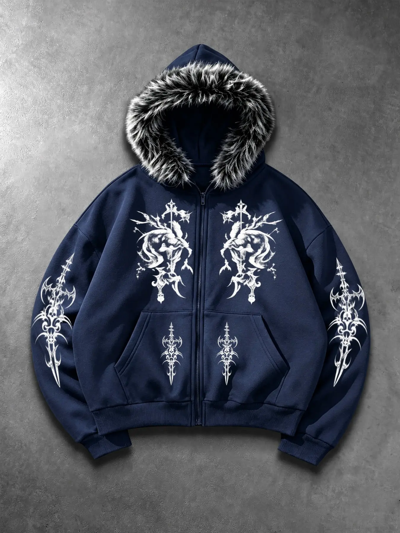 Gothic Thorn Sword Print Faux Fur Hoodie, American Vintage Dark Style Loose-Fit Casual Hooded Jacket, Streetwear Winter Wear Outerwear for Men