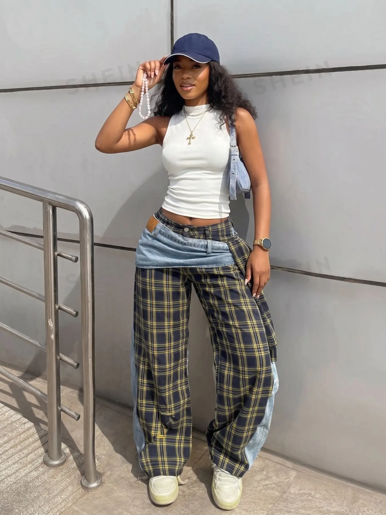 Women's Y2K Layered Fake Wrap Waist Plaid Denim Patchwork Wide Leg Pants, Dual Color Check Loose Skate Street Style Long Pants