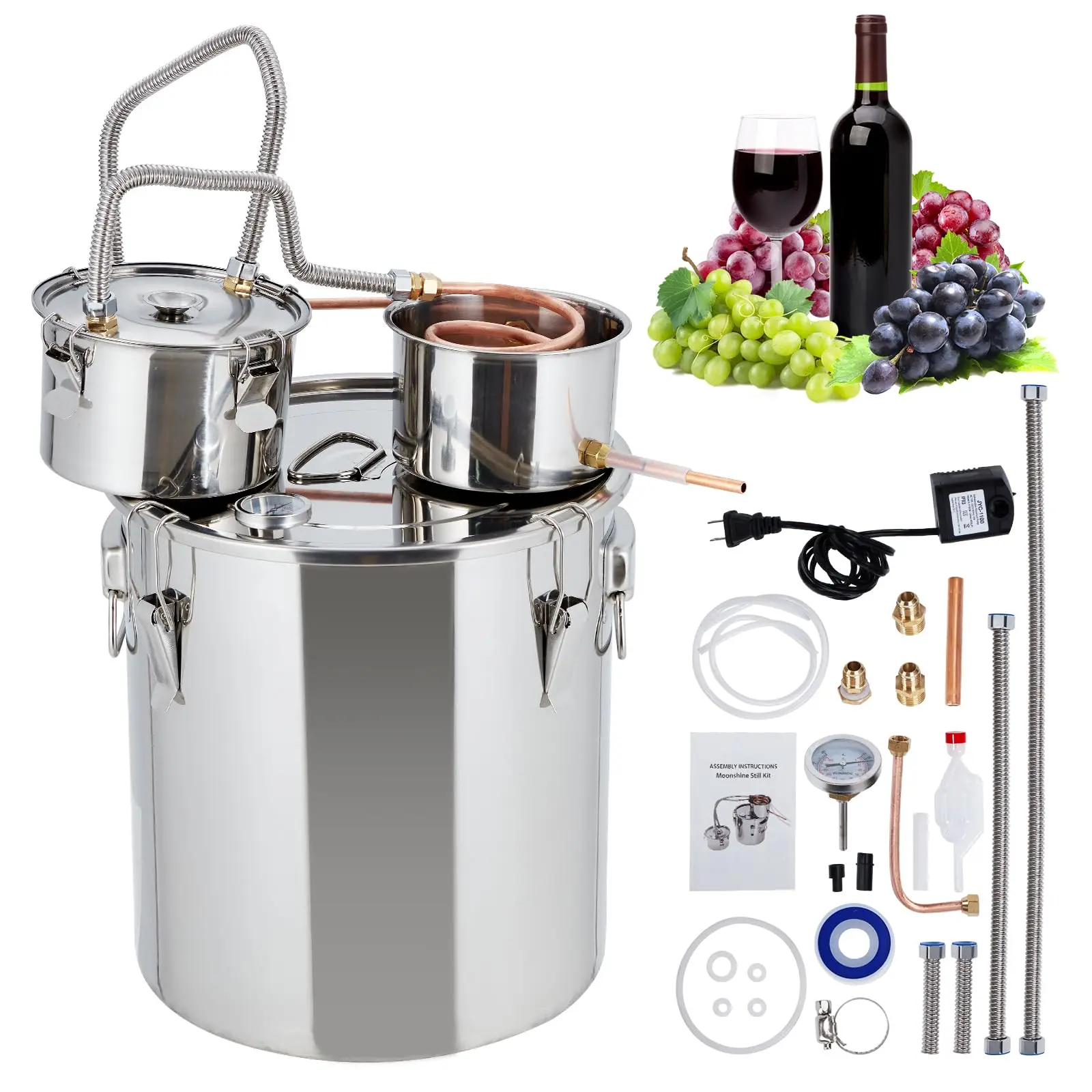 GARVEEStainless Steel Alcohol Distiller Kits with Copper Tubes, Available in 3Gal, 5Gal (2 or 3 Pots), and 10Gal (2 Pots) Options, Featuring Circulating Pump for Home Brewing Whisky, Wine, and Brandy