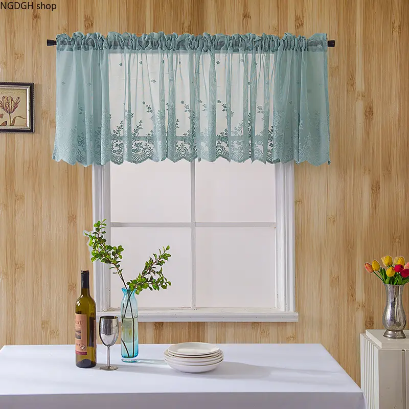 Embroidered Floral Lace Valance - Sheer Short Kitchen Curtain with Lace Trim, Beige/Light Blue/White, Elegant Farmhouse Decor for Cafe Windows, Home Accessory, Room Decor, Home Decoration Curtain, Valances For Windows, Window Hanging