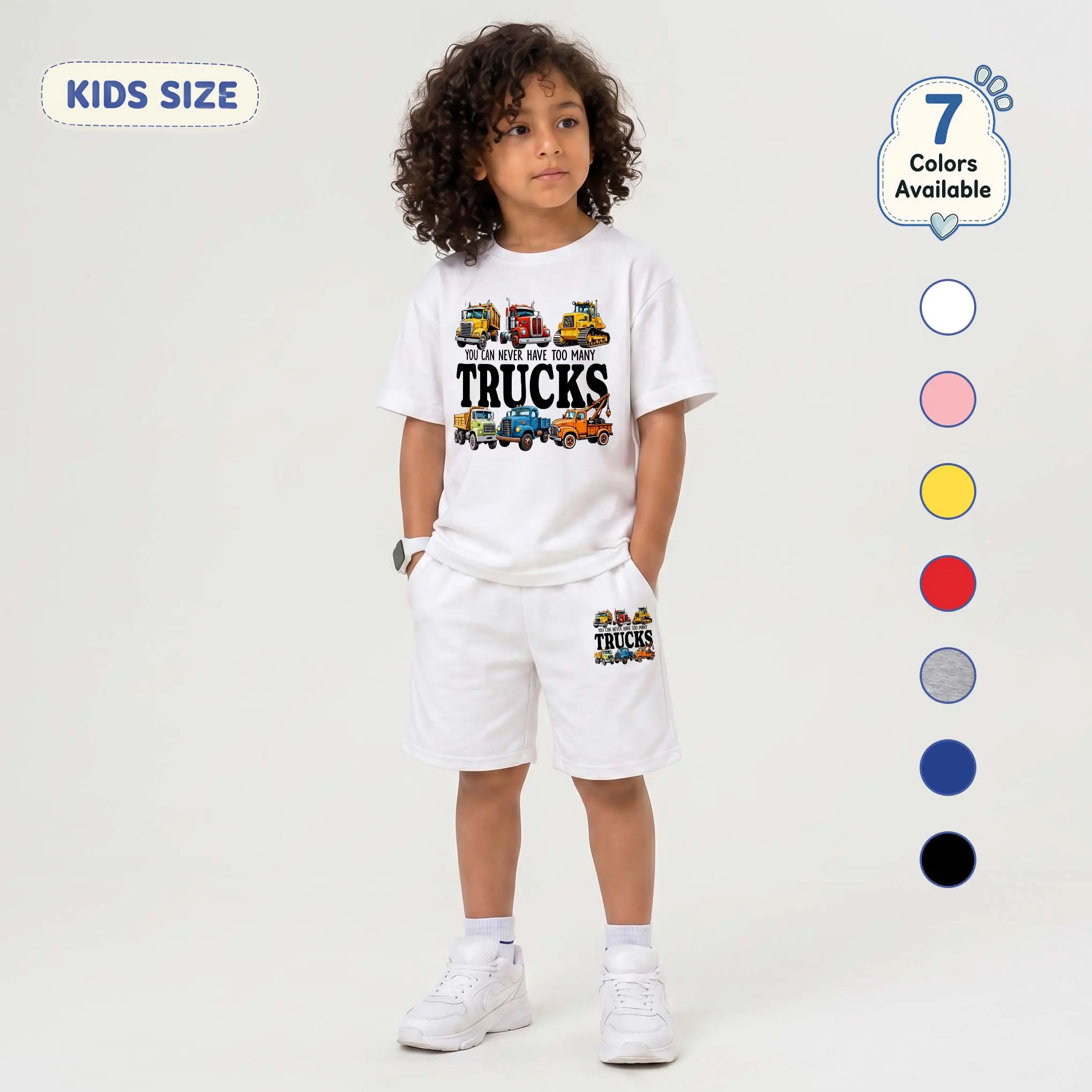 Kids’ You Can Never Have Too Many Trucks Cartoon Print Short-Sleeve T-Shirt And Shorts Set—Casual Summer Kids' Clothing. This Round-Neck Outfit Combination Is Perfect For Everyday Wear And Outdoor Play.