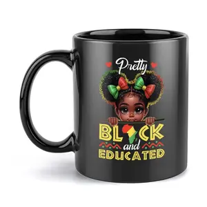 Pretty Black and Educated Coffee Mug, Black Girl Magic Ceramic Cup, African American Pride Kids Mug, Inspirational Black History Month Drinkware, Cute Black Girl Cartoon Ceramic 11oz & 15oz Mug, Educational Empowerment Drinkware