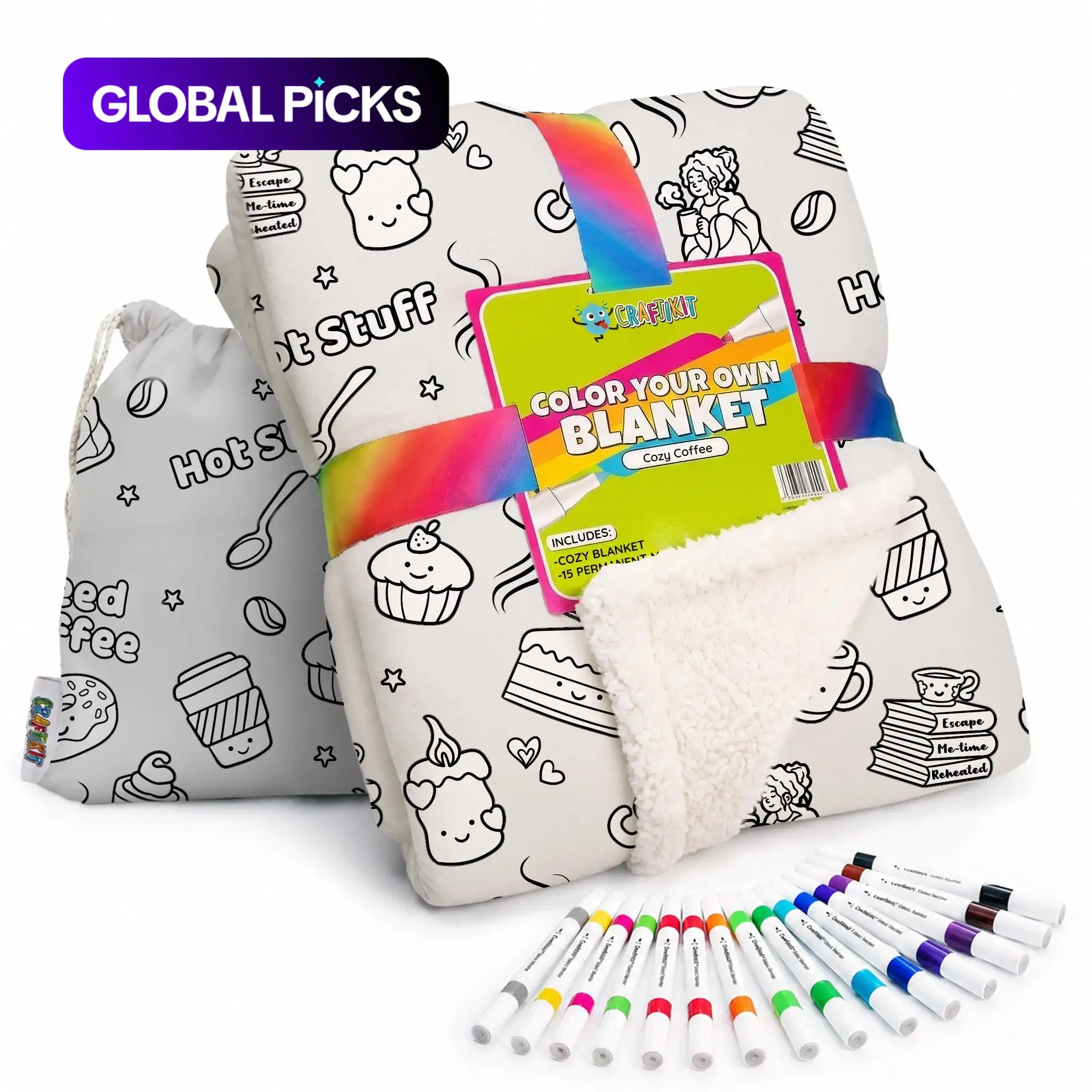 Adult Coffee Theme Coloring Blanket, Lamb Wool Blanket with 24 Markers, 50x60 Inches, Gift Packaged, Ages 3+