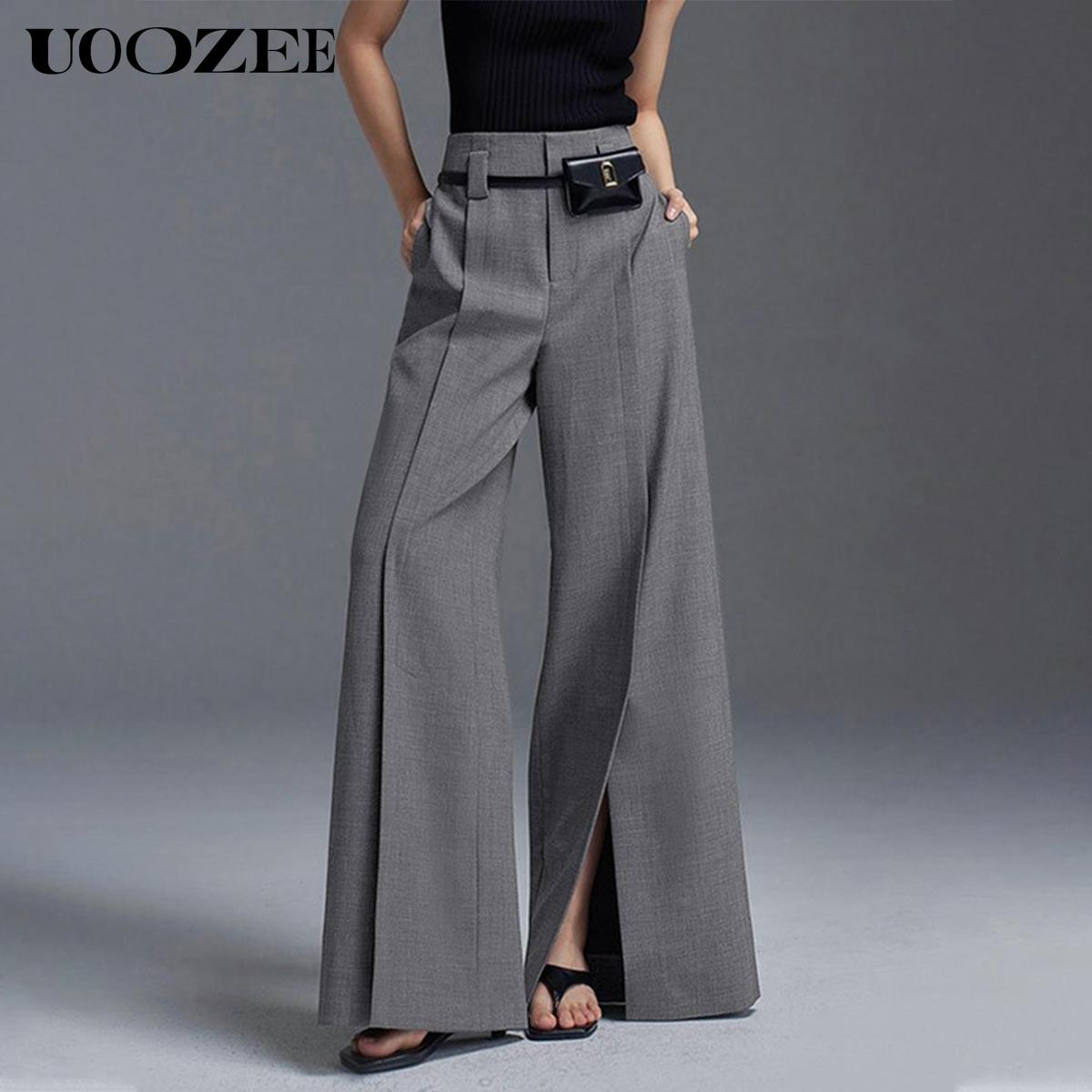 UOOZEE Women's Loose Wide Pants High-Waisted Pleated Split-Front Pants Trousers No belt Bottom Fitted Womenswear Basic pants women work outfits women interview outfits