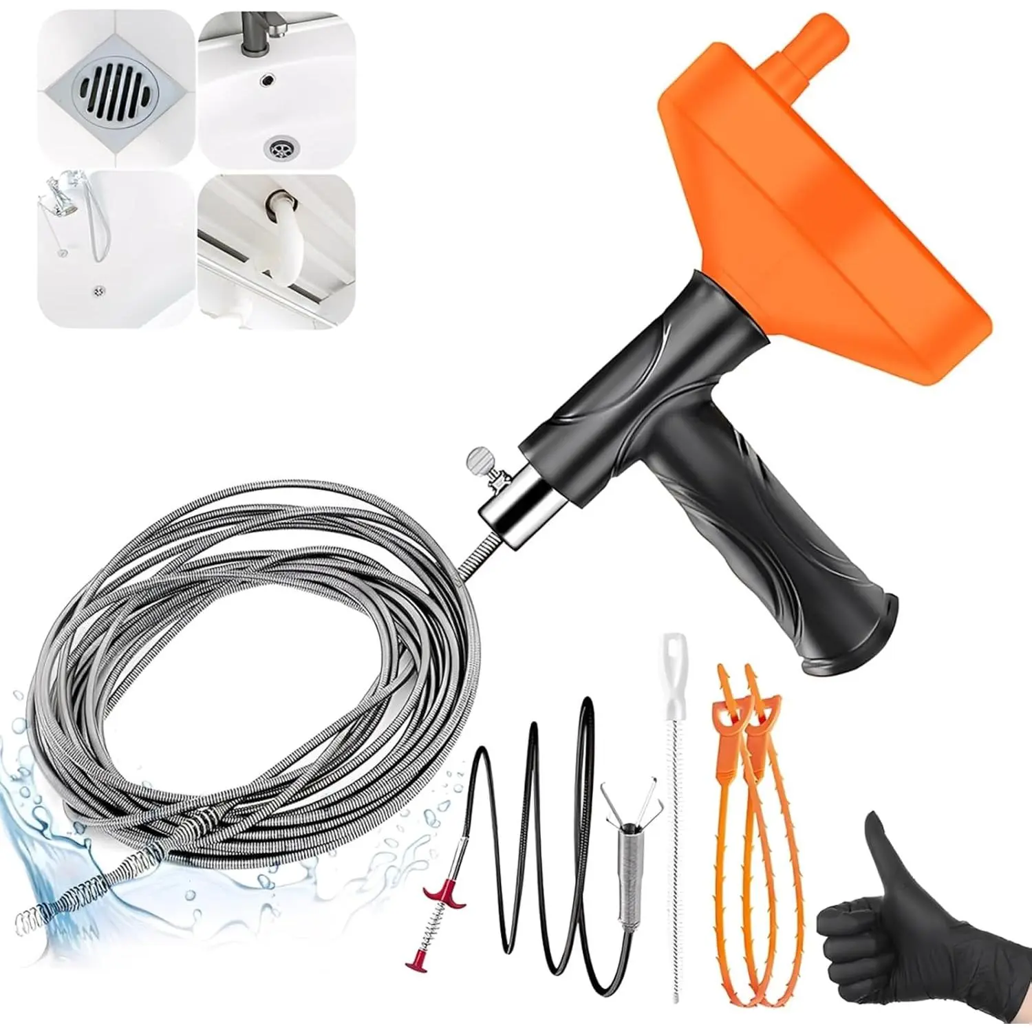 33 FT Drain Snake Auger, Plumbing Snake Drain Hair Clog Removal Tool, Sink Unclogger Drain, Heavy Duty Drum Auger, Cleaner Tool for Bathroom Kitchen Tub Shower Drain Clog Remover with Gloves