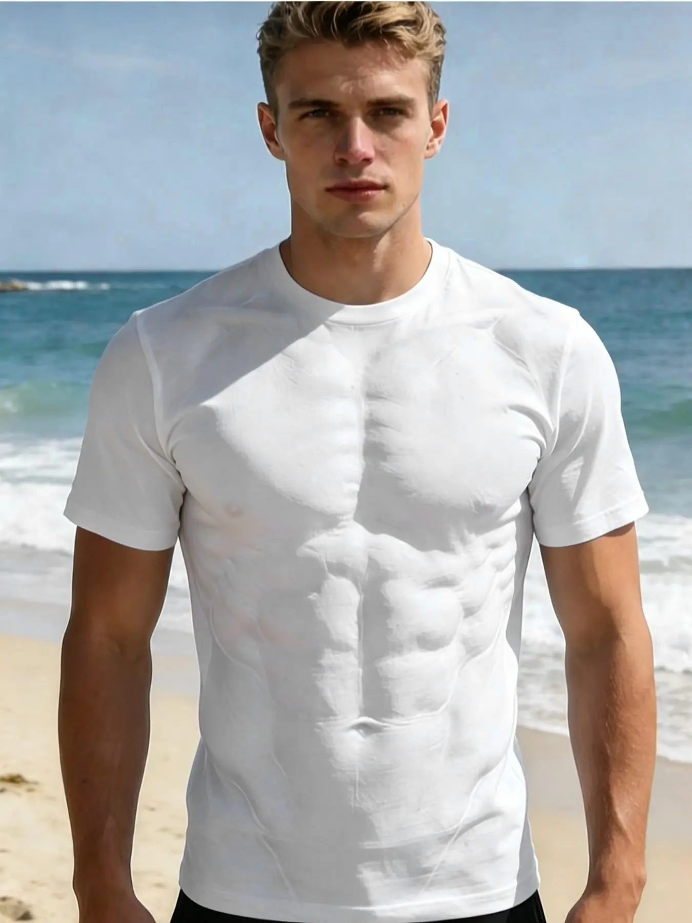 Funny Fake Abdominal Muscle Print T-Shirt for Men, Creative Visual Illusion Short Sleeve, Beach Party Funny Top, Casual Fitted Tee