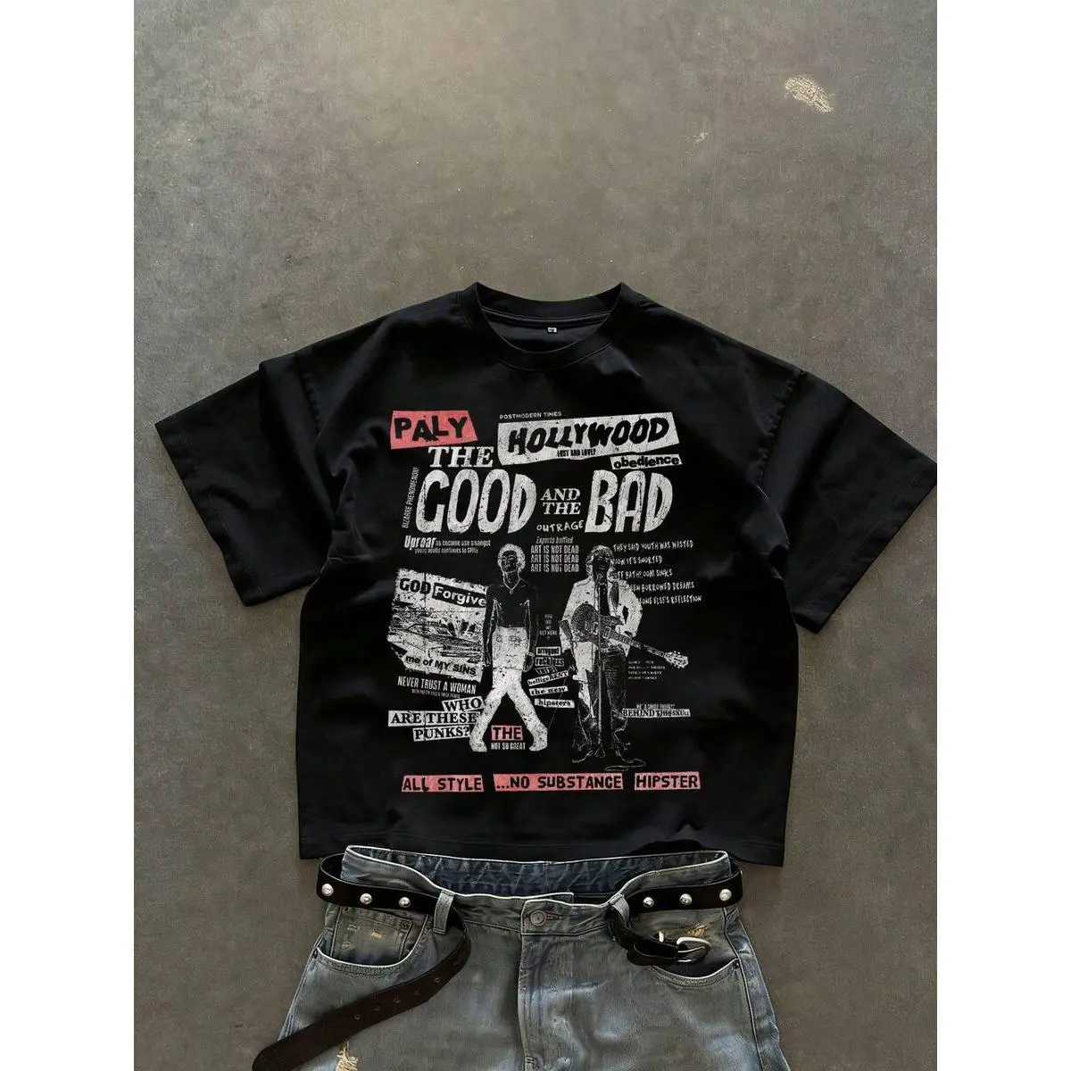 Retro Punk Newspaper Collage Unisex Crew Neck Cropped T‑Shirt, Loose‑fit Short Sleeve Tee, Urban Streetwear Top for Rock Concert Hangout, Pair with Denim Cap & Layered Bracelet