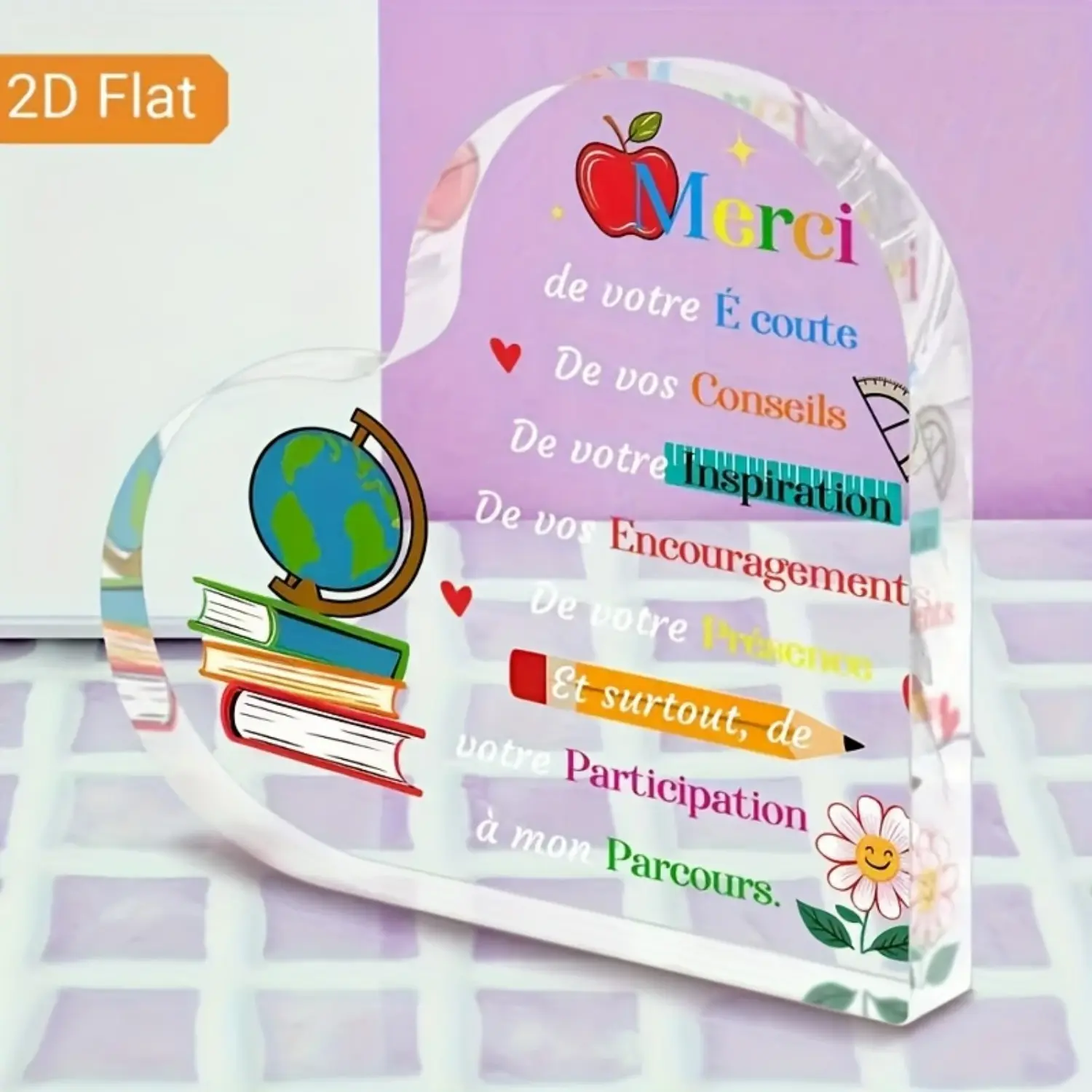 School Globe Book Heart Acrylic Plaque French Merci Teacher Thank You Desk Decor Sign