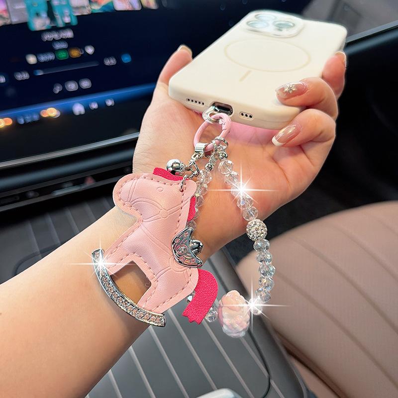 Viral Bling Leather Rocking Horse Keychain, Cute Rhinestone Pony Bag Charm, Luxury Car Key Ring Accessory for Women