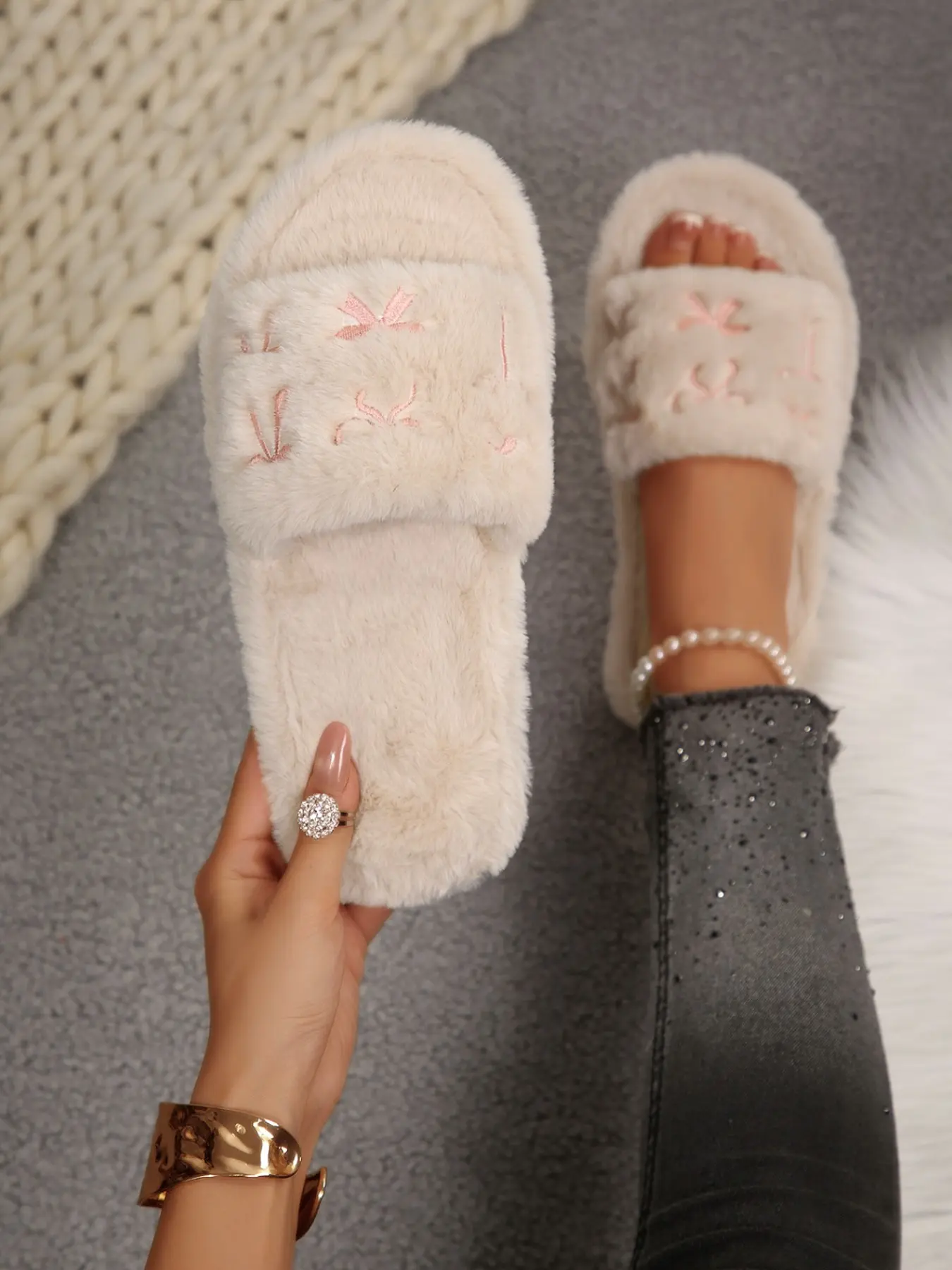 2026 Floral Embroidered Butterfly Slippers, Soft Textile Upper, Rubber Sole, Fall Winter Women's Shoes, Multiple Colors Available