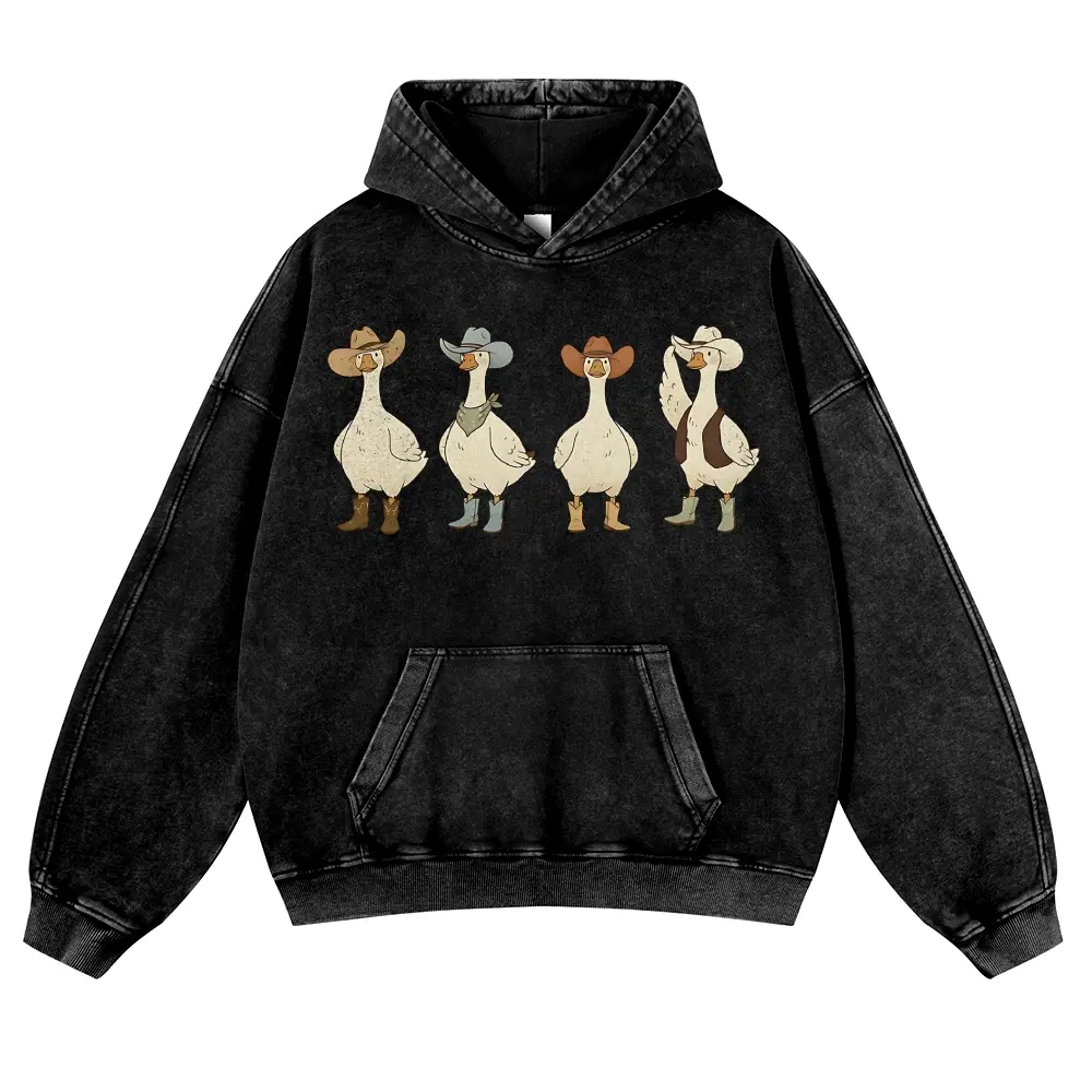 Men's Unisex Vintage Black Washed Cowboy Goose Hoodie - Oversized Graphic Sweatshirt, Retro Country Aesthetic Pullover, Casual Fit Tops for Fall Winter, Pairable with Jeans, Spring, Cotton