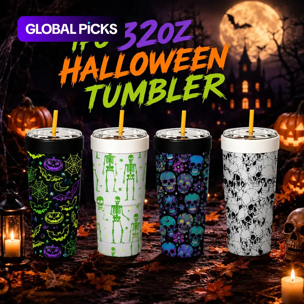 1 PC Neon Halloween Pumpkin & Skeleton Print 2-in-1 Insulated Can Cooler, Includes Tumbler Lid, Converts to Travel Tumbler, Double Wall Vacuum Stainless Steel, Fits Most 16-24oz To-Go Coffee & Bubble Tea Cups, Perfect for Halloween, Christmas & Daily Use