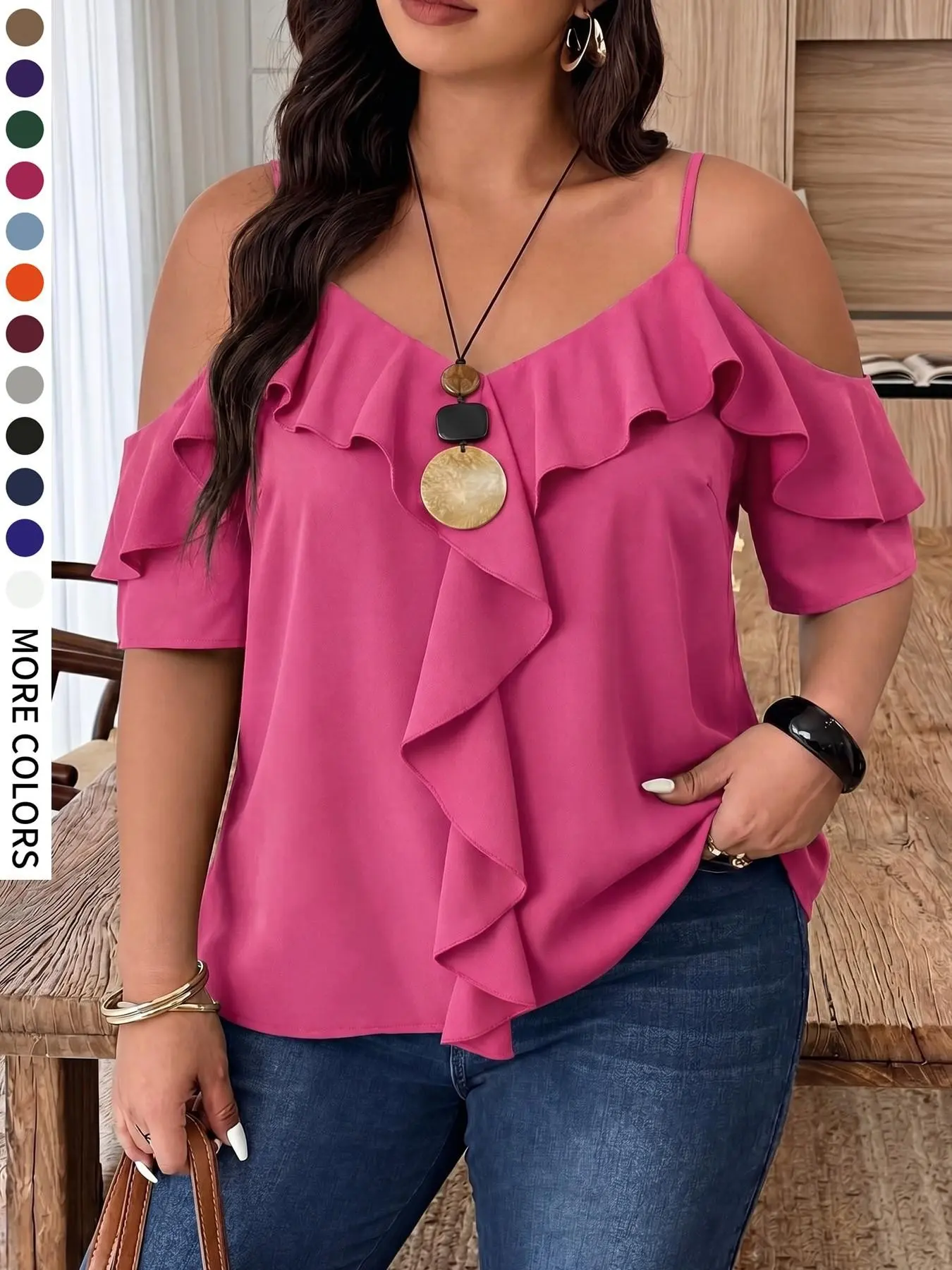 Plus Size Women's Strapless Ruffle Shirt, Tops, A-Line Hem Lightweight Flowy, Solid Minimalist, Perfect for Graduation, Dates, Parties