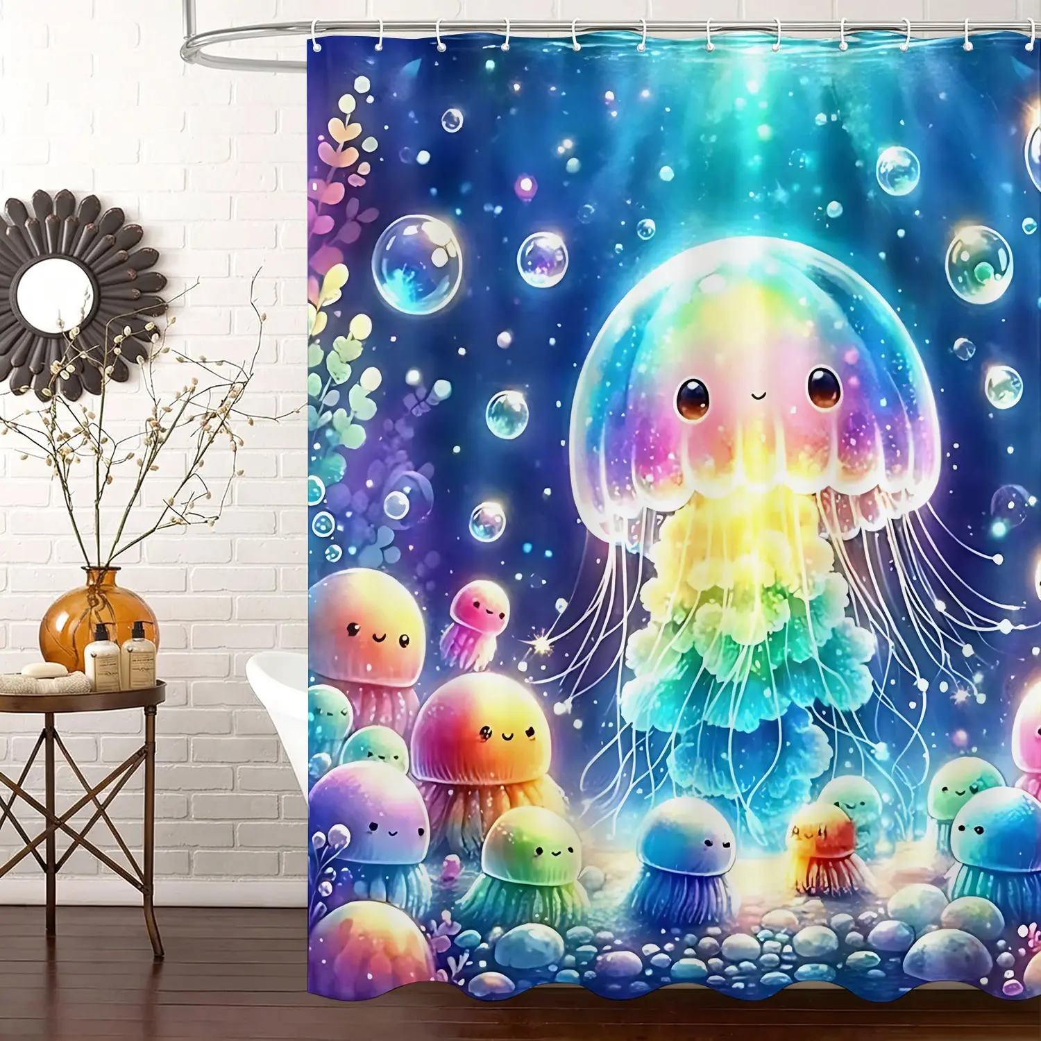 Fantasy Underwater Rainbow Jellyfish Shower Curtain, Cute Cartoon Glowing Jellyfish Bubble Coral Print Waterproof Fabric Bathroom Curtain with Hooks, Girls Kids Magical Ocean Bath Decor