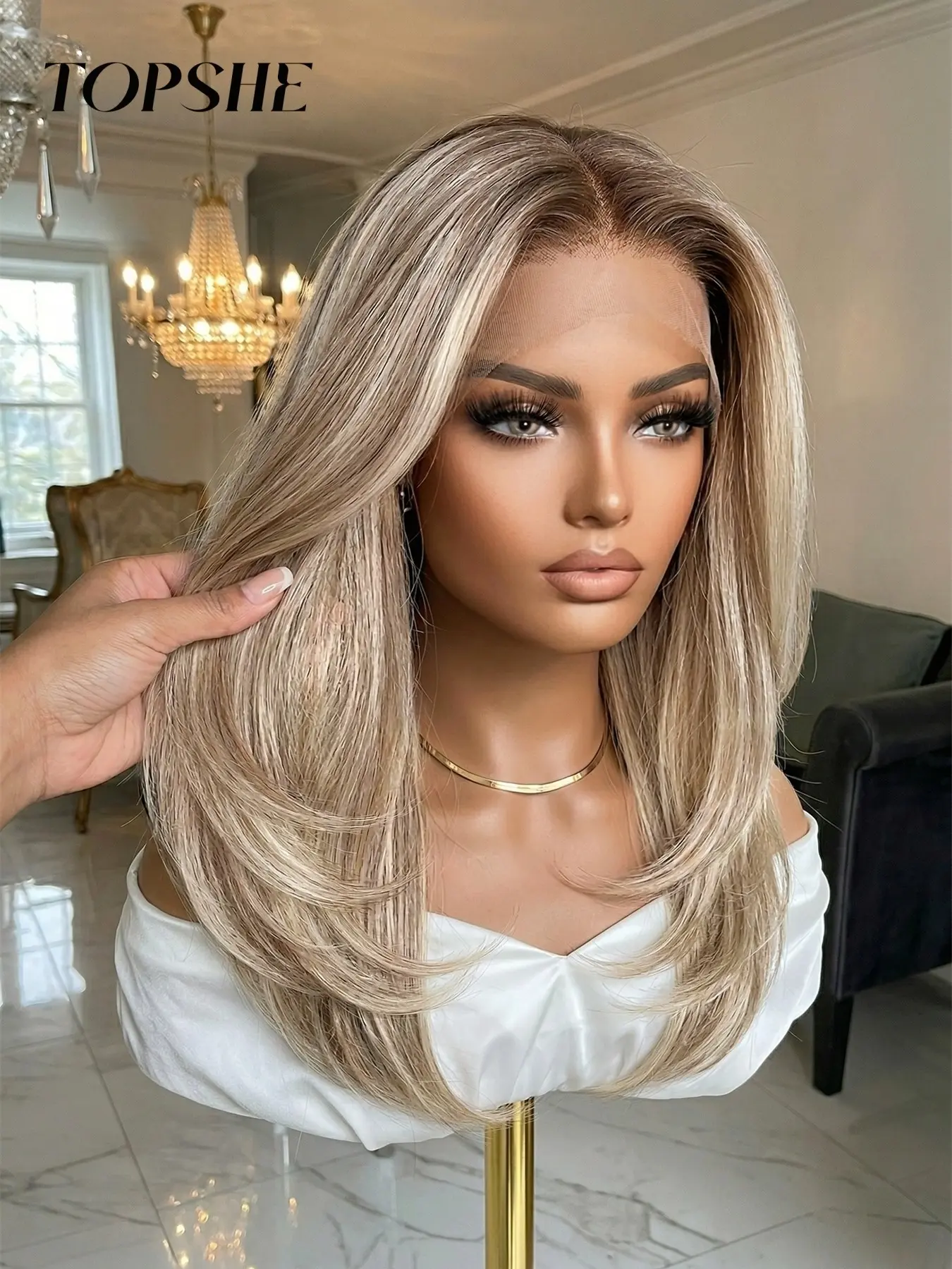 Topshe Lace Front Wig, Medium Length Straight Hair, Root Gradient, Heat Resistant, Comfortable Breathable, Women's Wig