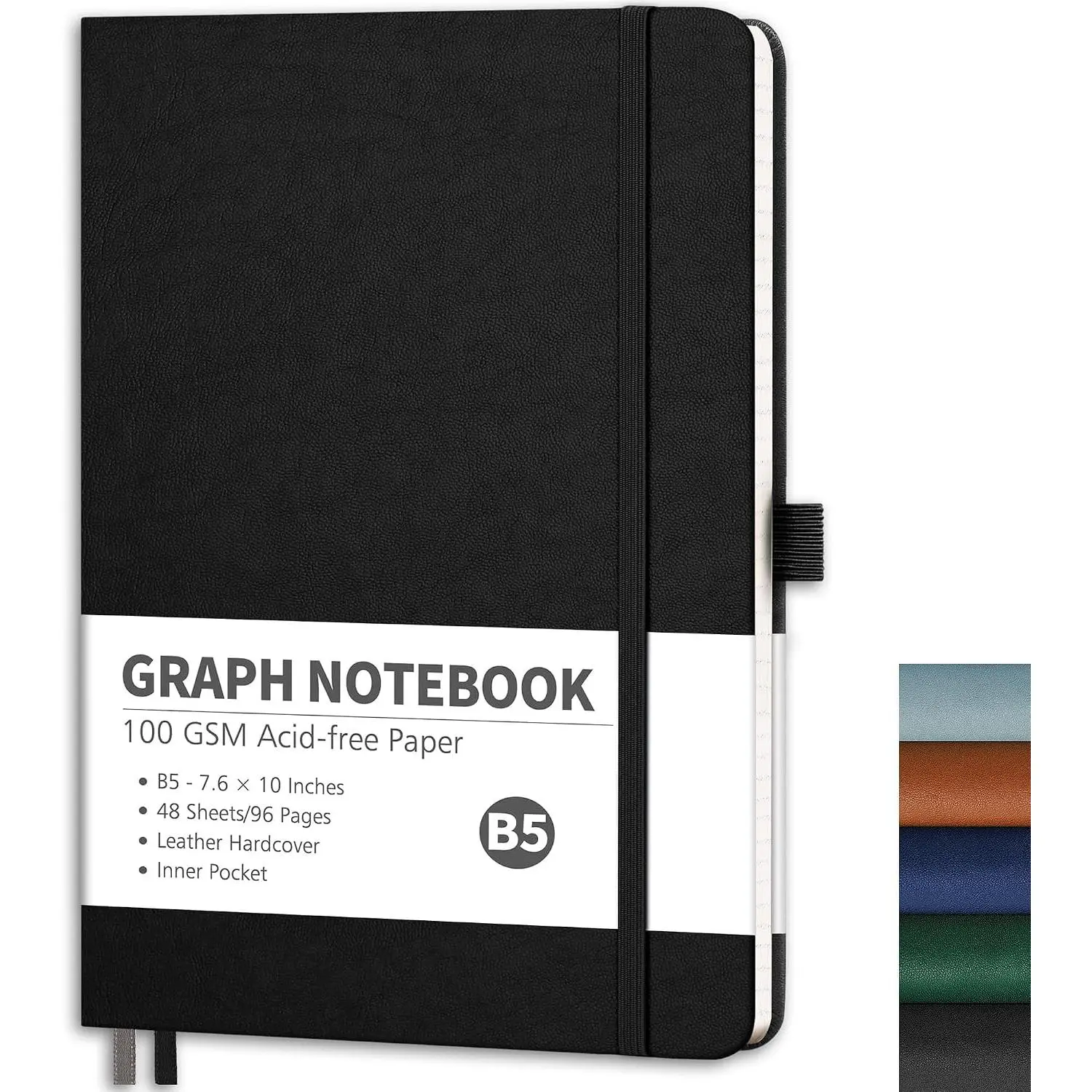 Graph Grid Paper Notebook, 96 Pages, B5 Medium Size (7.6'' x 10'') | Leather Hardcover, 100 GSM Thick Paper, 5 Squares per Inch, for School, Students, Math, Engineering (Black)