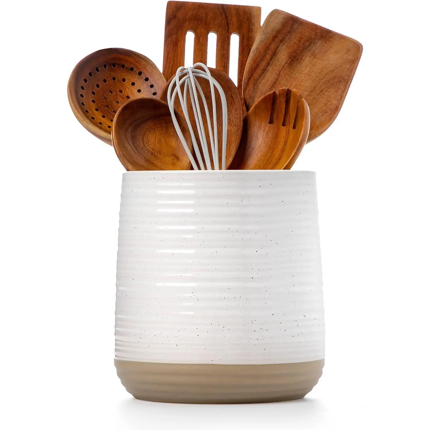 White 6.8" Large Ceramic Cutlery Organizer, Modern Farmhouse Kitchen Utensil Holder for Counter - Stores Spoons, Spatulas, Cooking Tools