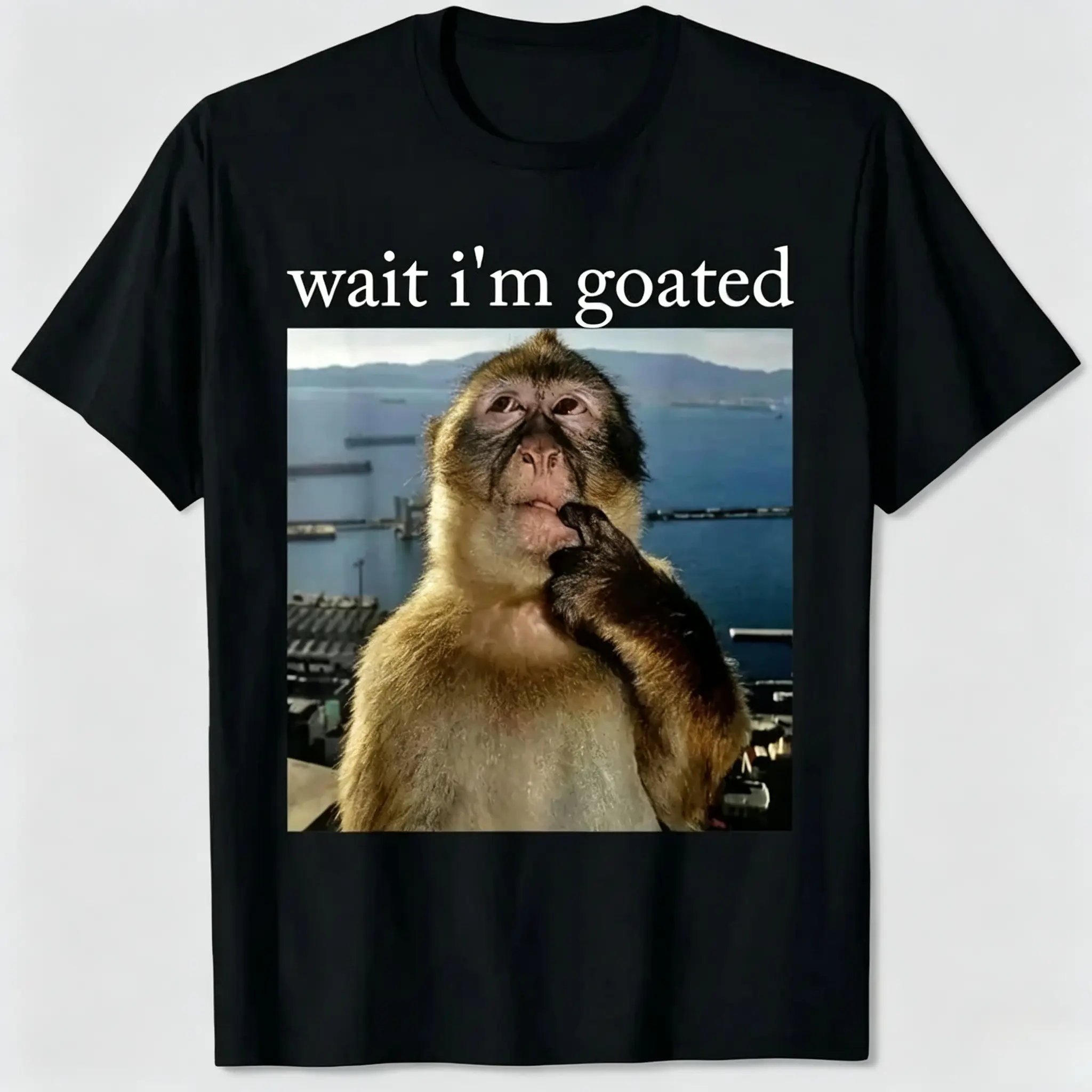 Men's Straight Fit Crew Neck Casual Tee - Wait I'm Goated Funny Thinking Monkey Meme High-Detail Print Sports Top, Brainrot Humor Streetwear Gift
