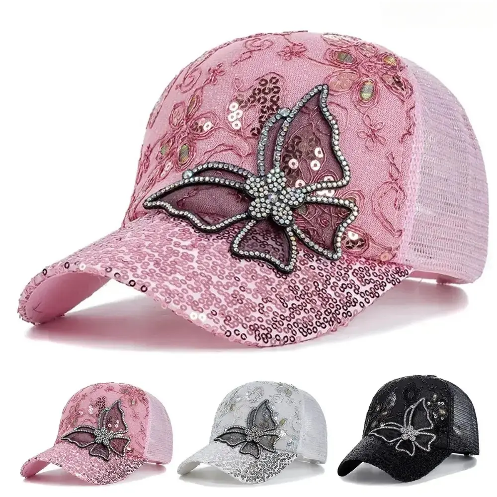 Glitter Butterfly Baseball Cap for Women, Funky Lace Detail with Breathable Mesh Back, Adjustable Street Style Hat for Sun Protection, Breathable Mesh Caps, Casual Hat
