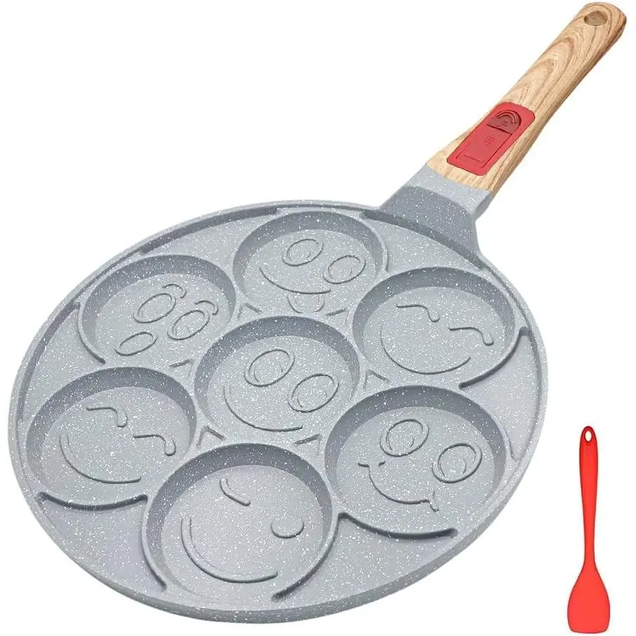 RANX INGST Ceramic Pancake Pan for Kids, Nonstick Pancake Griddle with Detachable Handle, 7 Hole Smiley Face Pancake Mold