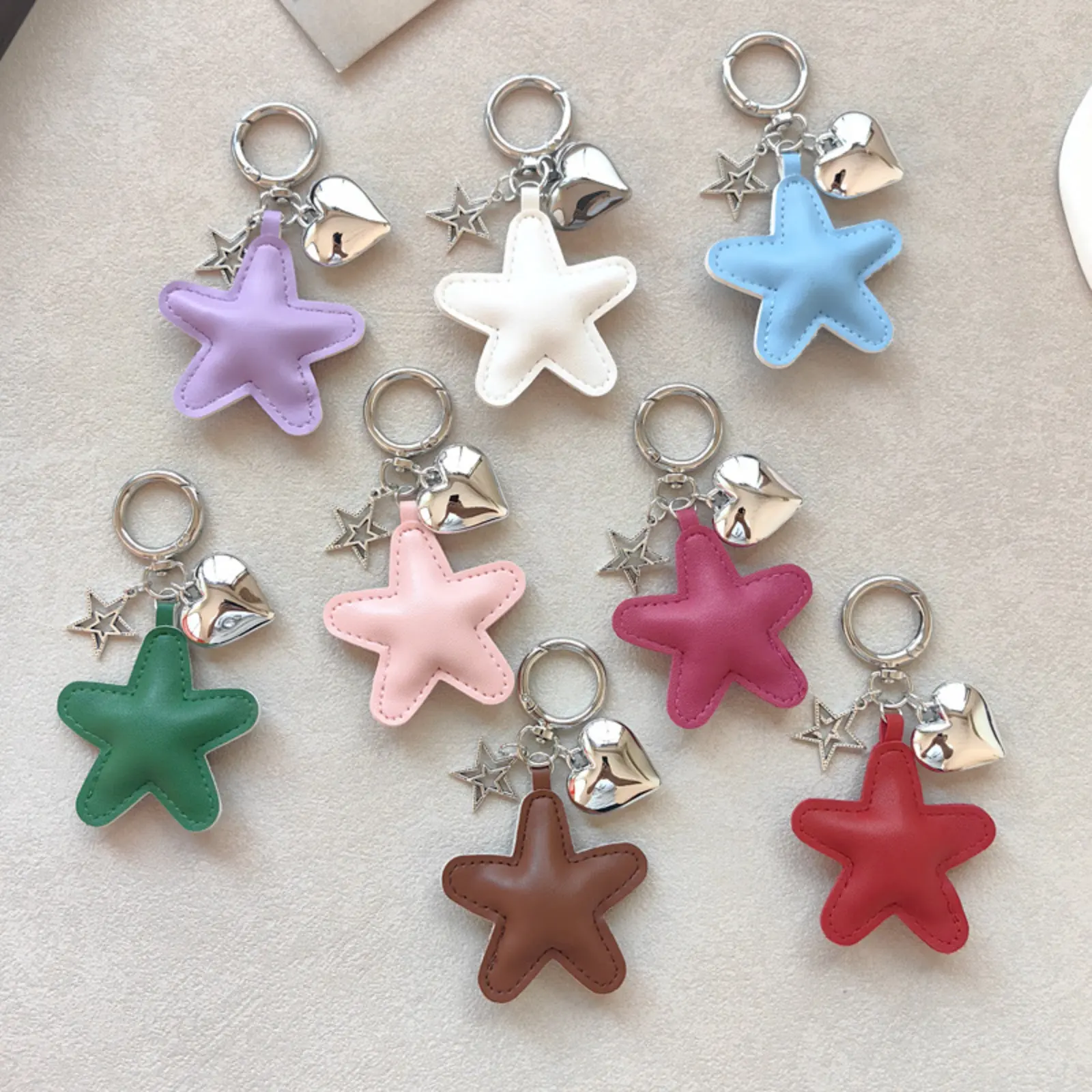 PU Star-Heart Keychain - Minimalist Chic Padded PU Leather, Copper Alloy Pendant, Small Spring Snap Key Ring for Camping Hiking Hammock, Backpack, Earphone Case Decor