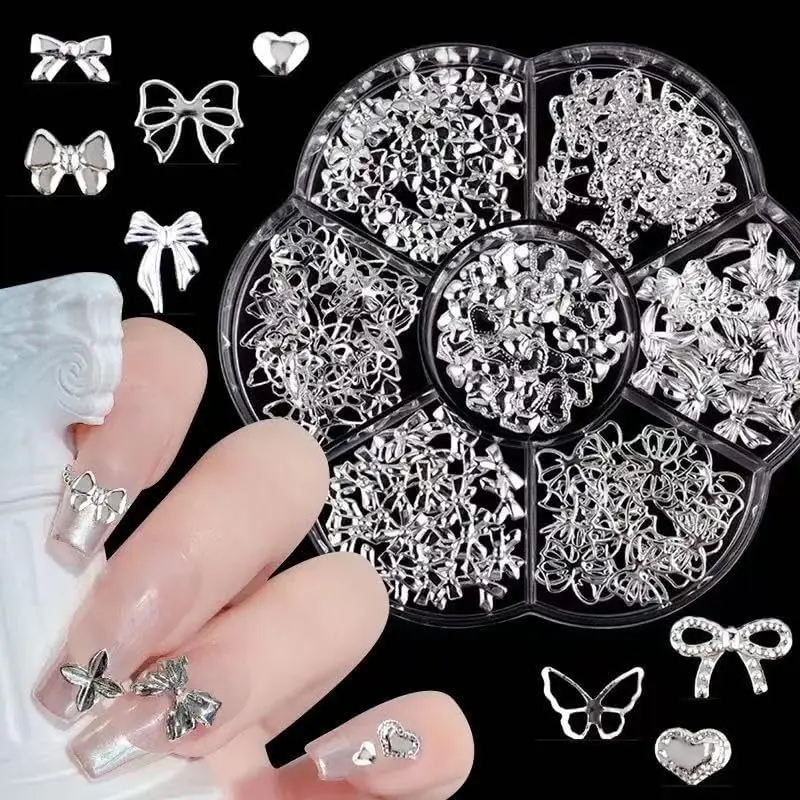 7 Grids Bow Nail Charms Silver Bow Manicure Kit 3D Metal Cute Bow Butterfly Nail Charms Alloy Bowknot Nail Art Gems Luxury Nail Art Decoration for Women Girls Including Accessories